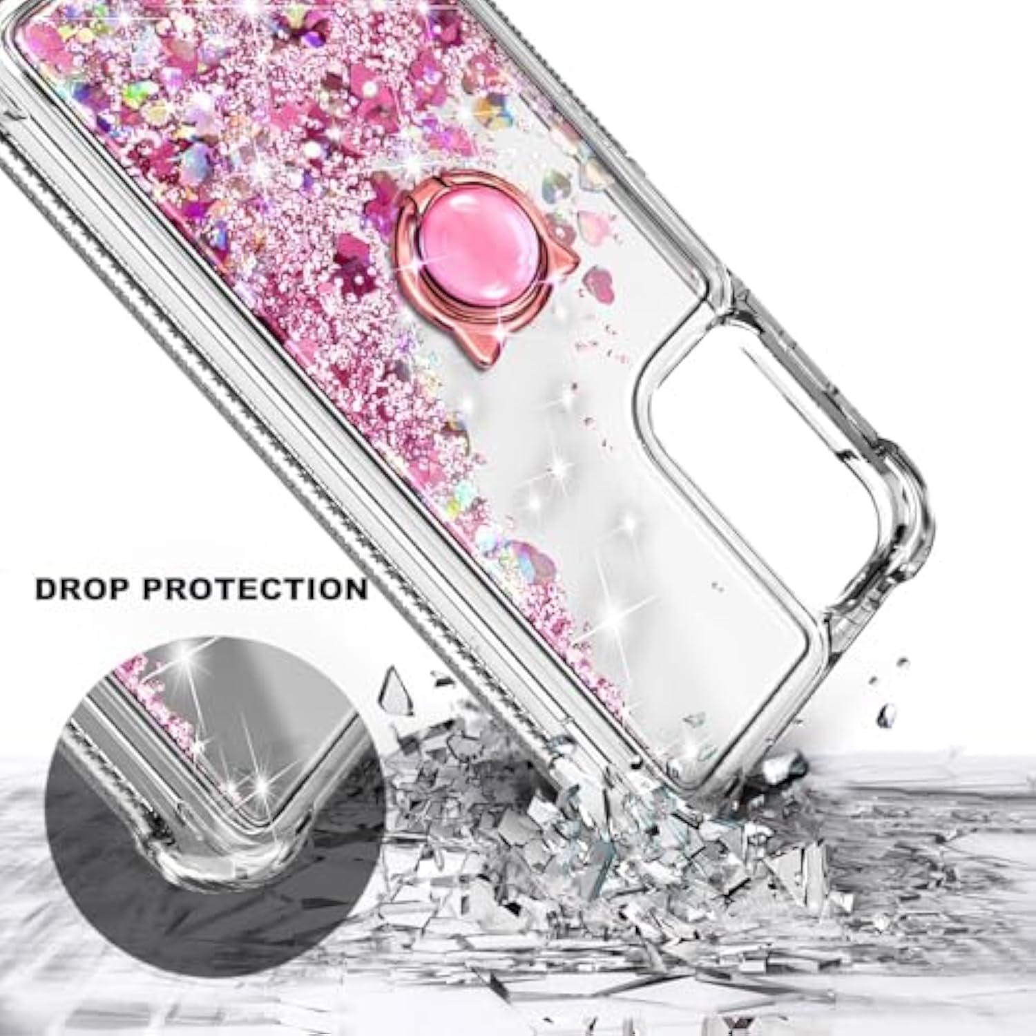 Compatible With Motorola Moto G-Play-2024 Case Rose Gold | Glitter Bling Sparkly Floating Liquid Cute Phone Cover With Tempered Glass Screen Protector/Ring Holder/Diamond Wrist Strap Lanyard