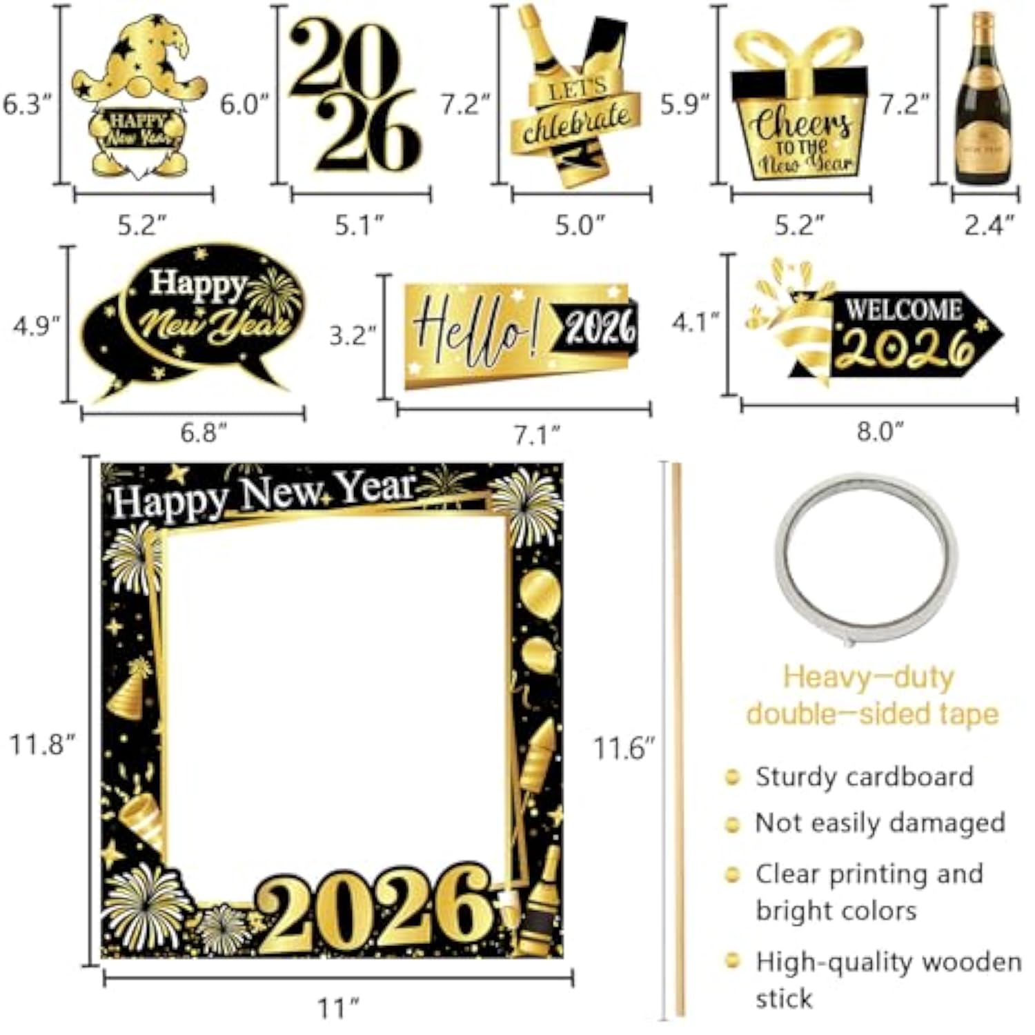 2026 NYE Photo Booth Set with 40 Black and Gold Props for Party Decor