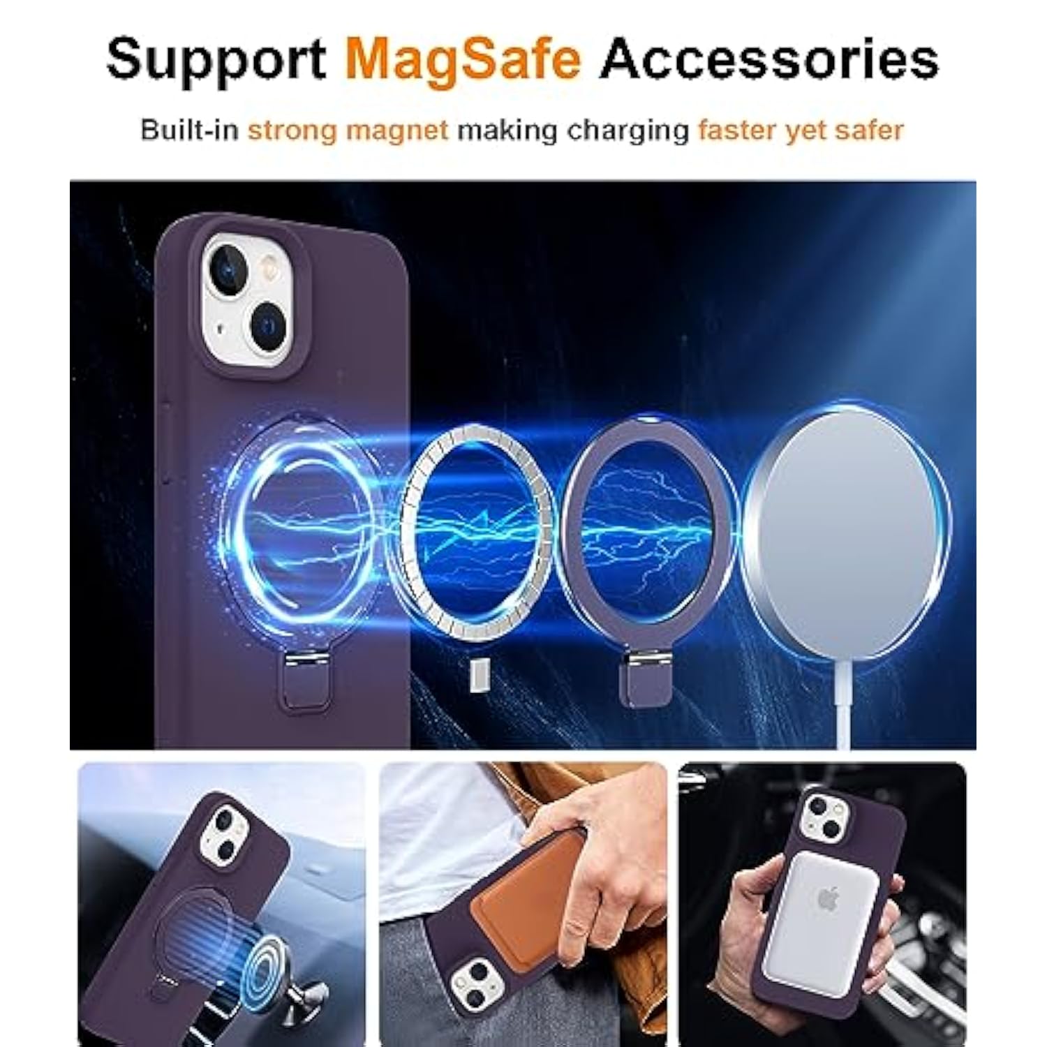 Liquid Silicone Designed For Iphone 15 Case With Magnet Stand, [Mil-Grade Drop Shockproof][Soft Anti-Scratch Microfiber Lining] Slim Fit Cover, Purple