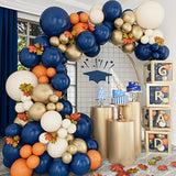 Fall Balloon Arch Kit, Navy Blue White Metallic Gold Double Stuffed Burnt Orange Fall Balloon Garland Arch Kit For Thanksgiving Balloons Decorations Baby Shower Graduation