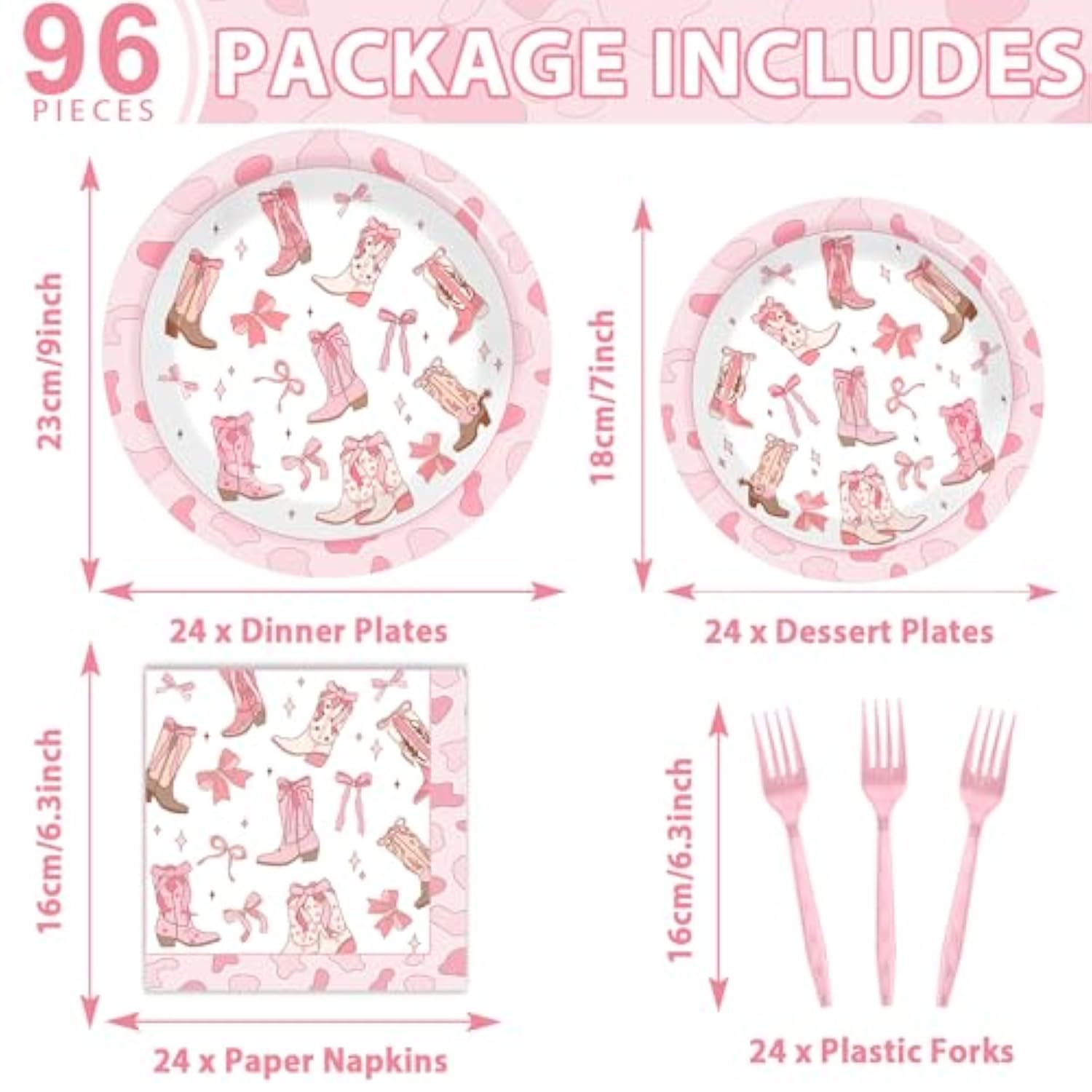 96Pcs Coquette Bow Cowgirl Happy Birthday Party Supplies Western Cowgirl Plates And Napkins Disposable Pink Bowknot Rodeo Tableware Bachelorette For Kids Set Decorations Favors Baby Shower Serve 24