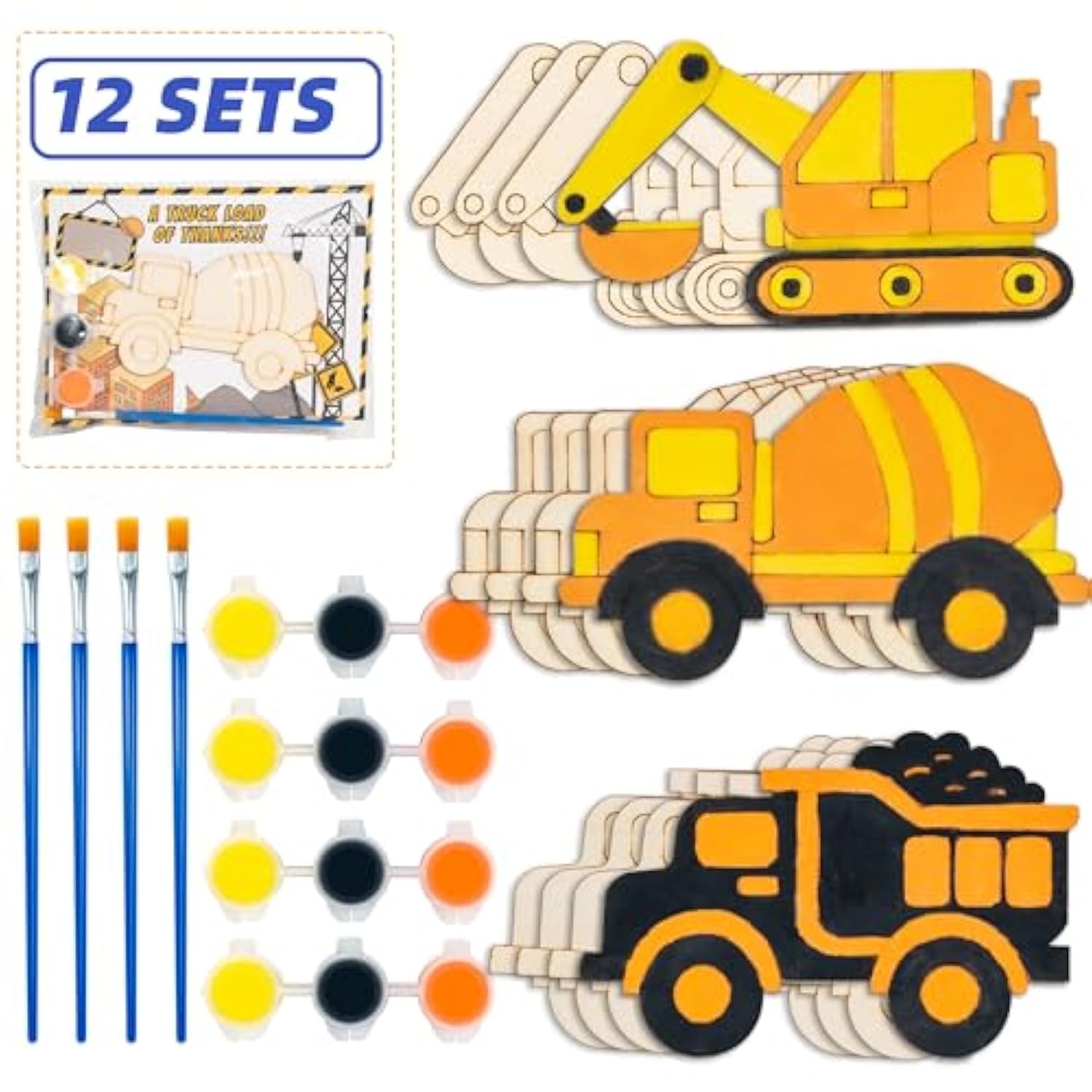 Pre-Packaged Construction Party Favors. 12 Sets Of Wooden Truck Painting Kit-Includes Paints, Brush, Wooden Truck And Personalized Card. Perfect Birthday Party Favors And Loot Bags