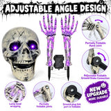 Halloween Skeleton Decorations Outdoor, Light Up Skull Head & Skeleton Hands Lights Stake with Purple LED, Battery Operated Halloween Yard Decor for Lawn, Garden, Graveyard, Haunted House & Party
