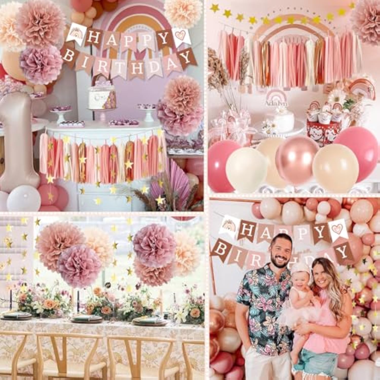 Retro Blush Pink Birthday Decorations, Boho Balloons, Banner & Tassel Garland