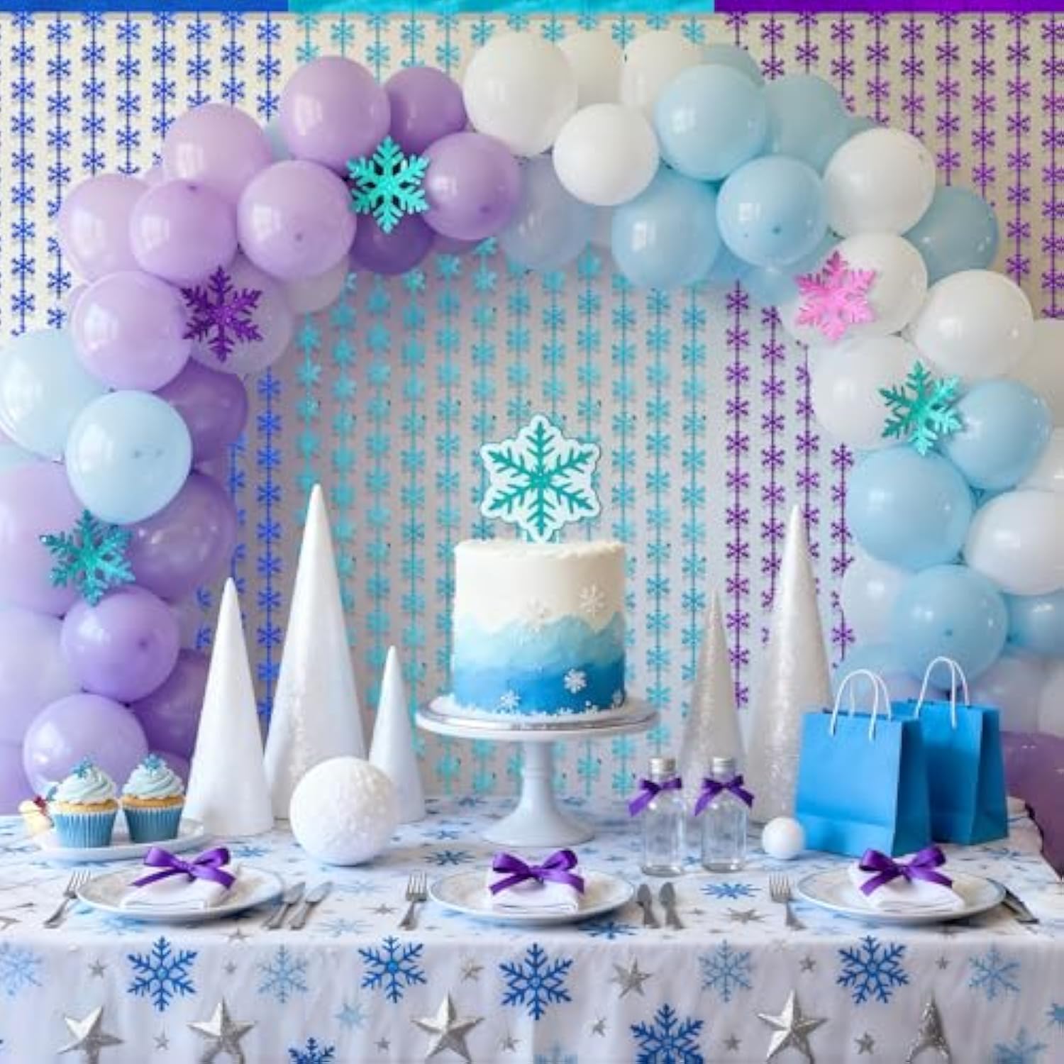 Winter Wonderland Decorations, Frozen Birthday Party Backdrop, Blue Purple Snowflake Foil Fringe Curtain Tinsel Streamers Photo Booth Props For Christmas Baby Shower Home Decor, 3Pcs