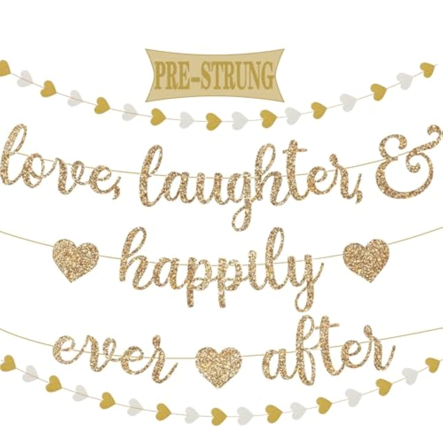 Gold Glitter "Love & Laughter" Banner with Heart Garland for Bridal Shower or Bachelorette