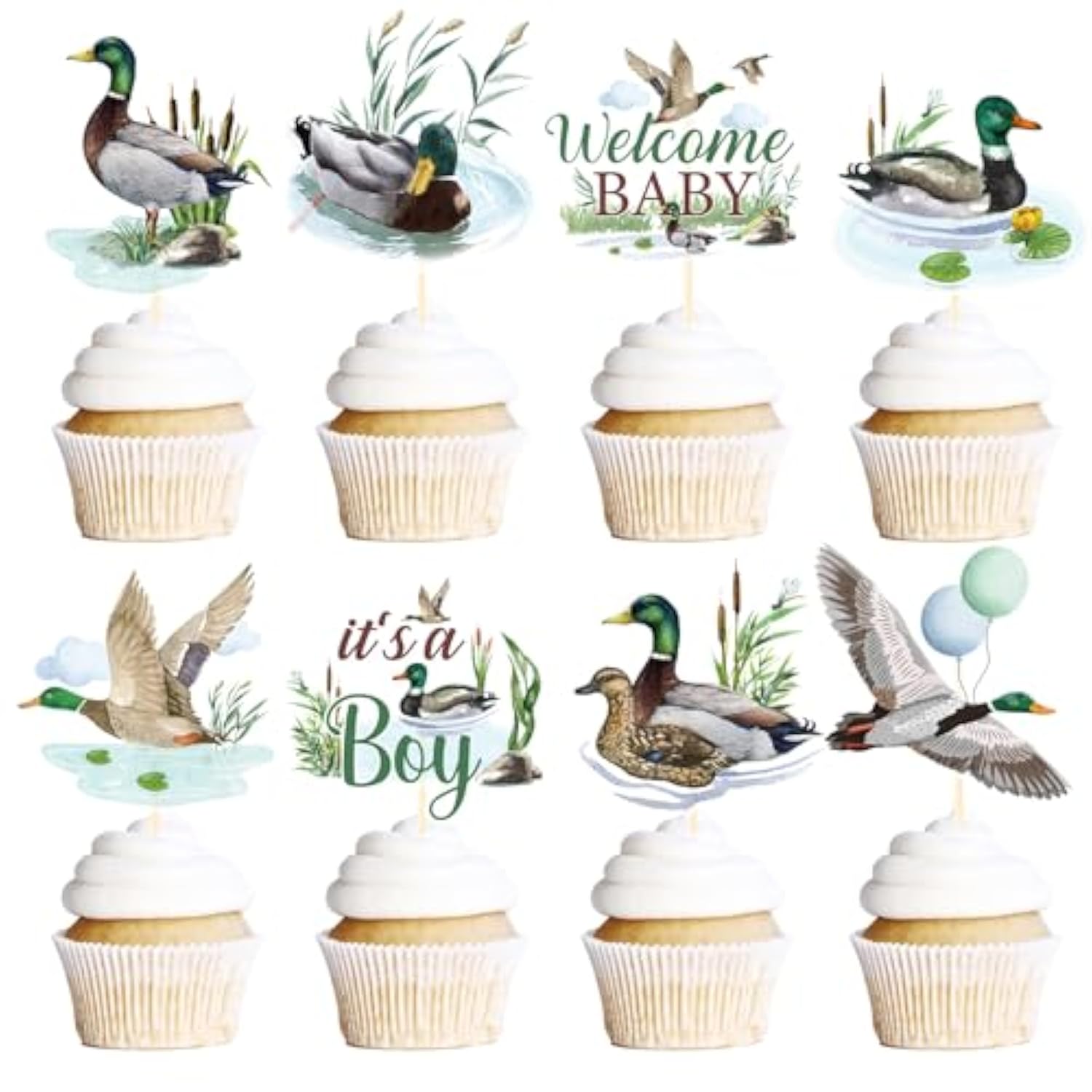 Mallard Duck Baby Shower Decorations, 40Pcs Duck Hunting Cupcake Toppers Party Decoration Welcome Baby Cupcake Picks Decor It’S A Boy Supplies