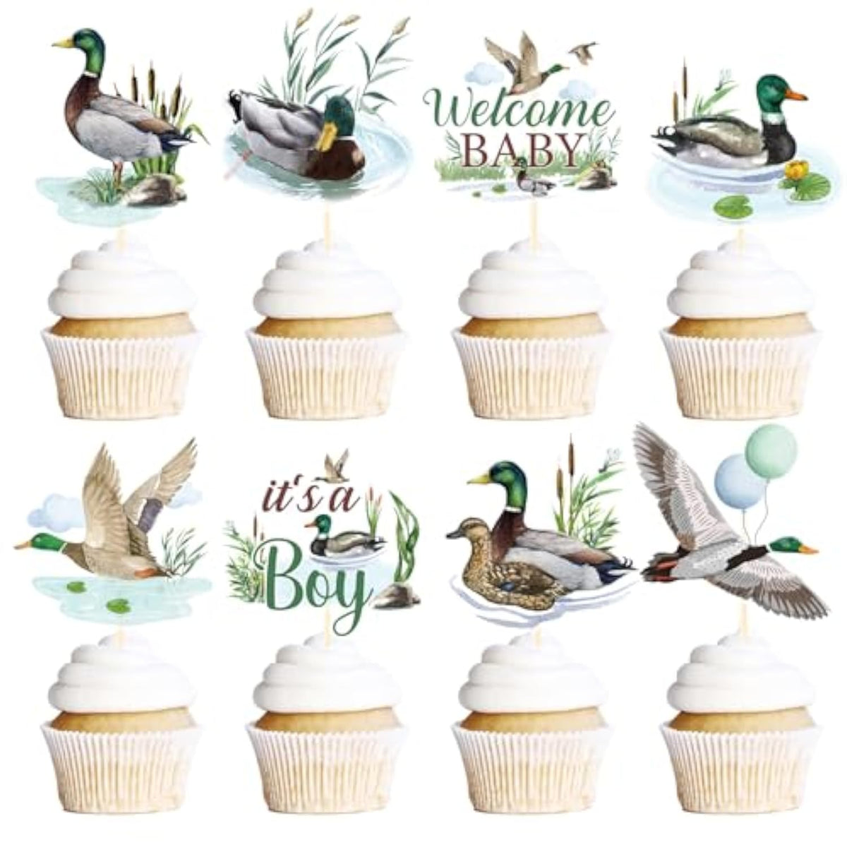 Mallard Duck Baby Shower Decorations, 40Pcs Duck Hunting Cupcake Toppers Party Decoration Welcome Baby Cupcake Picks Decor It’S A Boy Supplies