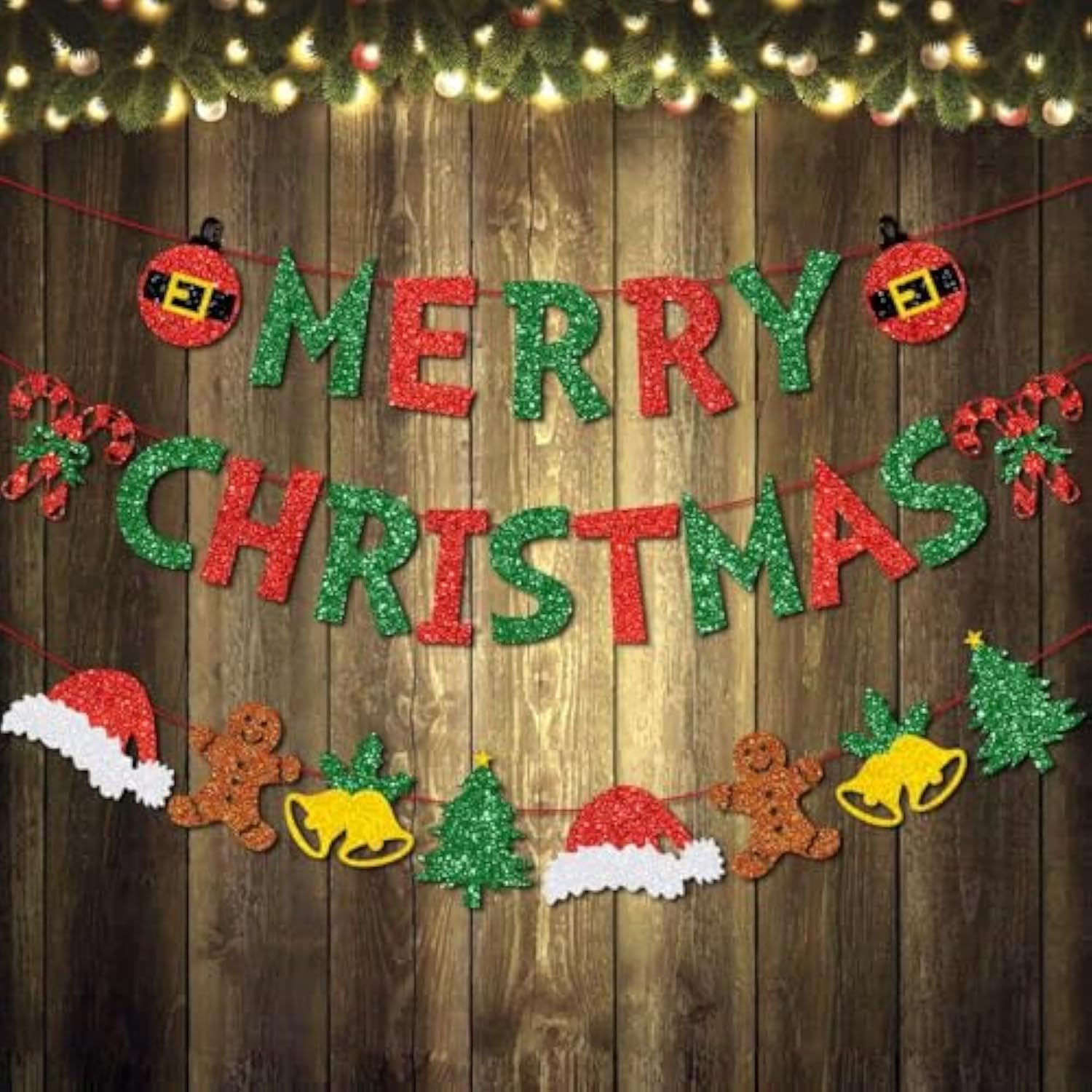 Glitter Red And Green Merry Christmas Banner - 18 Pcs Letter Shiny Sign For Xmas Party, Ceremonies, Holiday Decorations With Tree Hat