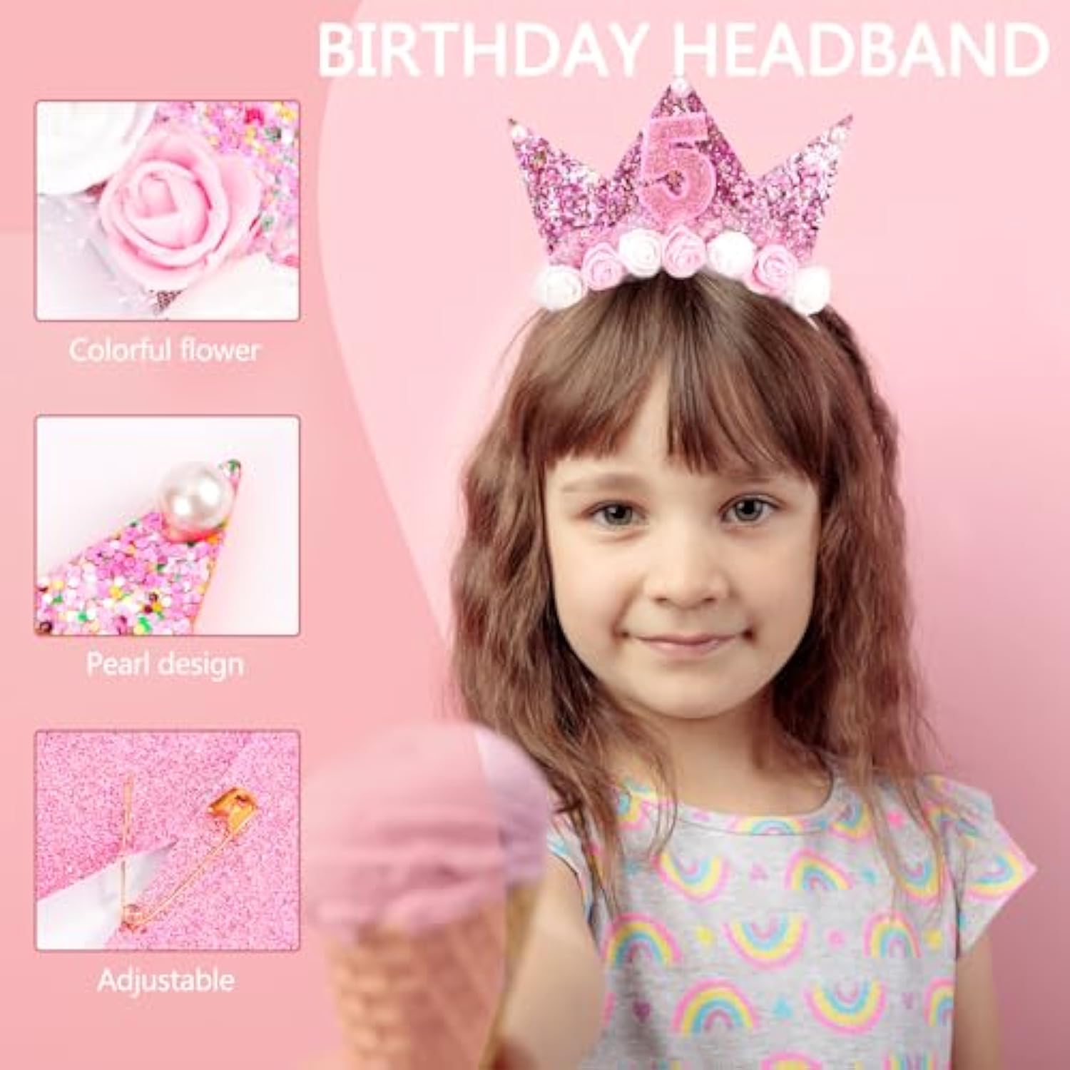 5Th Birthday Decorations For Girls, Birthday Girl Headband & Glitter Sash Set For 5 Year Old Girl Birthday Decorations, Birthday Flower Princess Crown Headband For Happy 5Th Birthday Girl Outfit