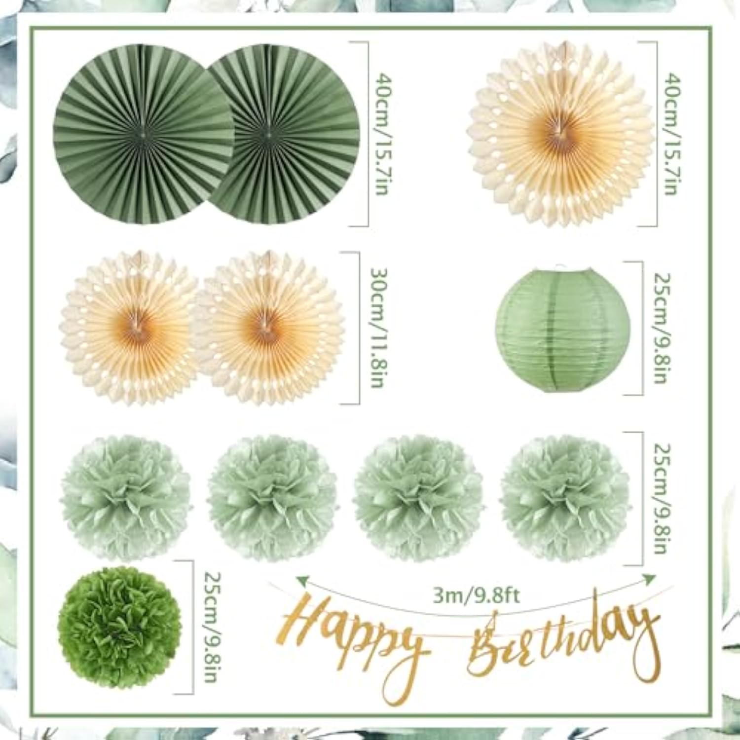 Sage Green Birthday Decor Kit – Banner, Paper Fans, Pom Poms & Lanterns for Boho Parties