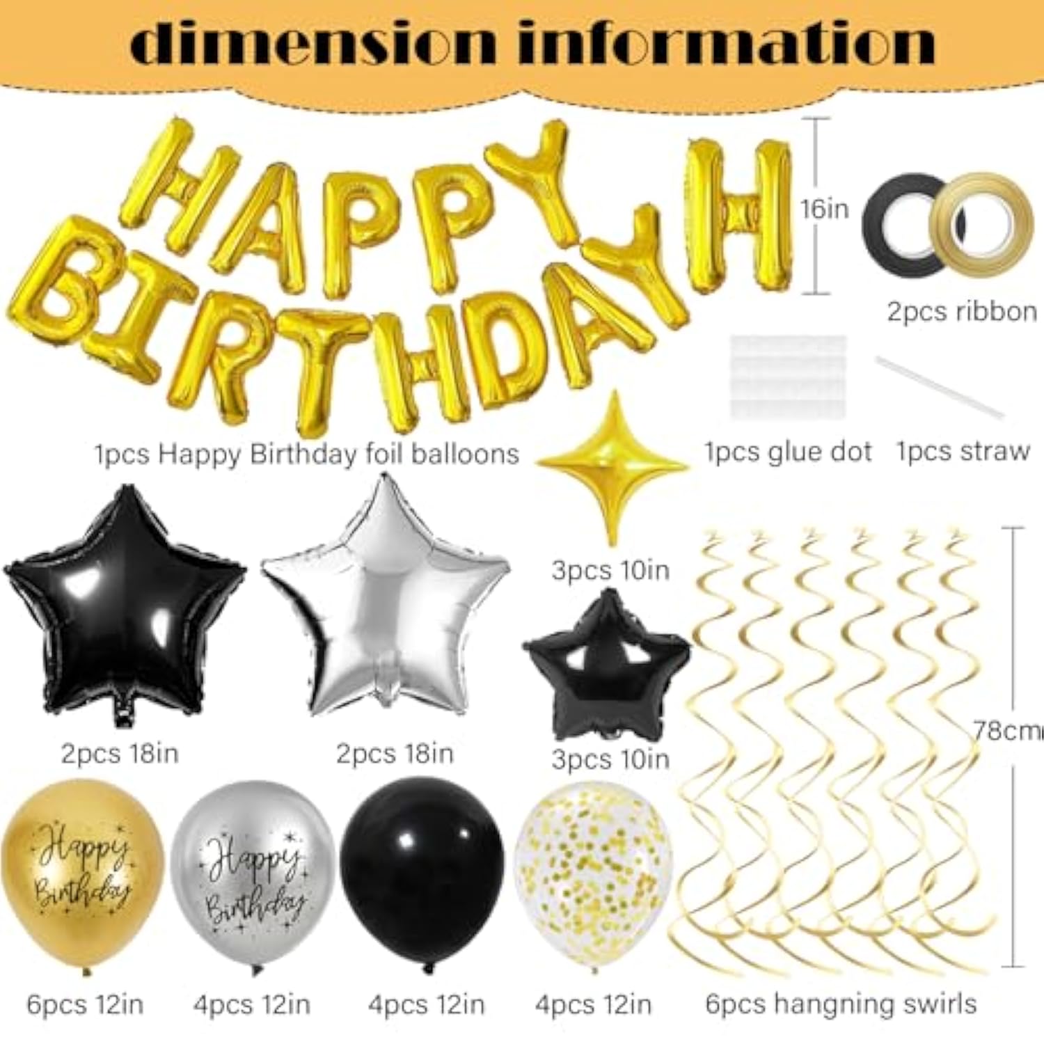 Black Gold Birthday Party Set with 3D Foil Banner Stars and Confetti Balloons