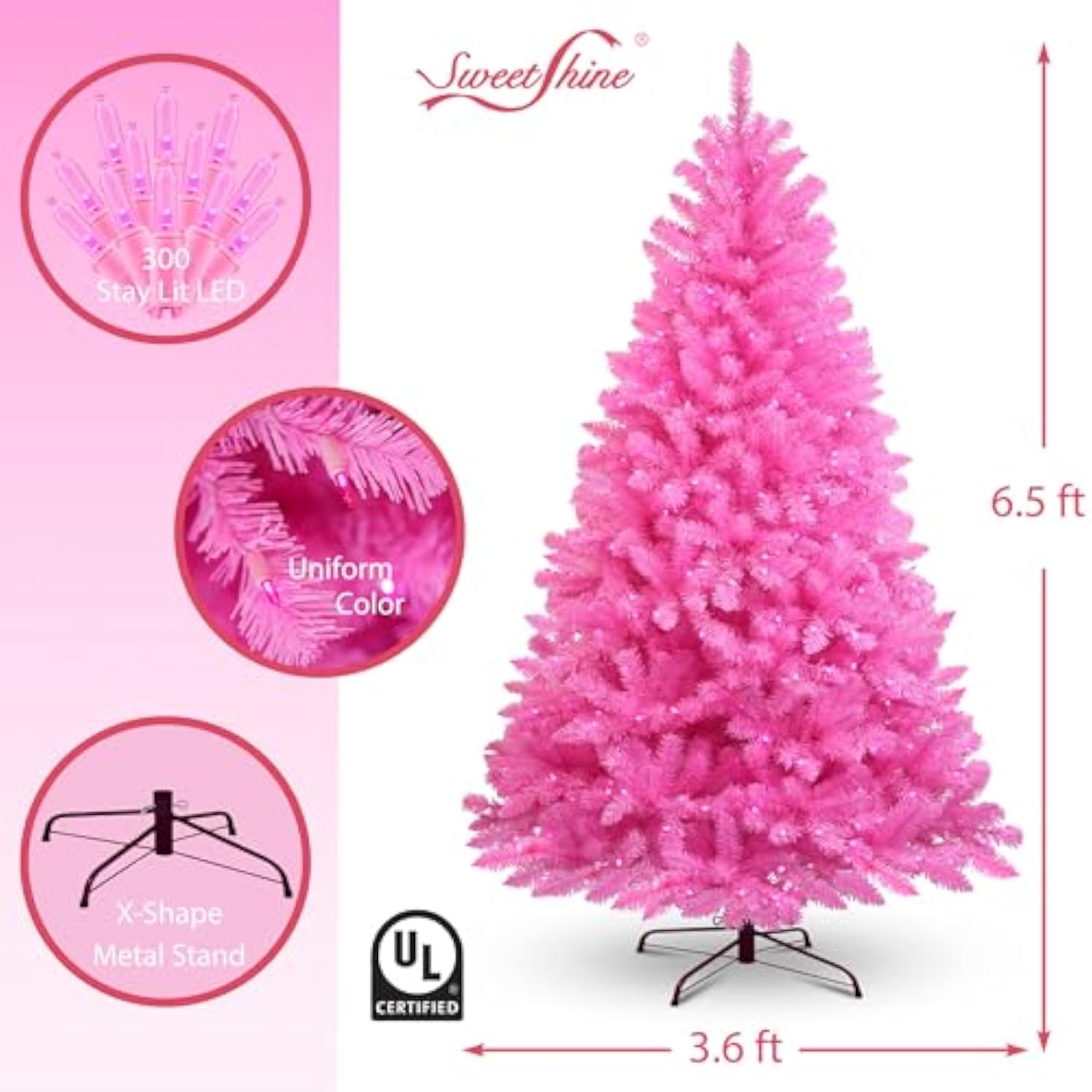 6.5Ft Pre-Lit Artificial Pink Christmas Tree With 300 Led Pink Ul Listed String Lights