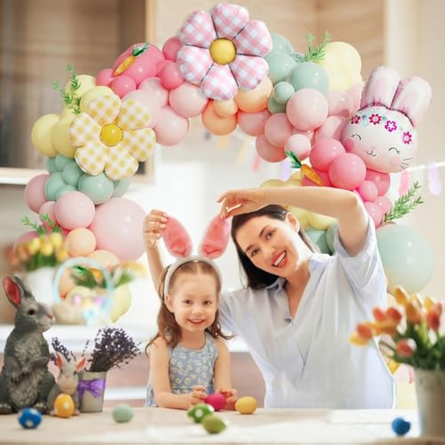 150Pcs Easter Bunny Balloon Garland Arch Kit, Pastel Pink Green Orange Yellow Latex Balloons With Bunny Flower Foil Balloons For Easter Birthday Spring Garden Party Decorations