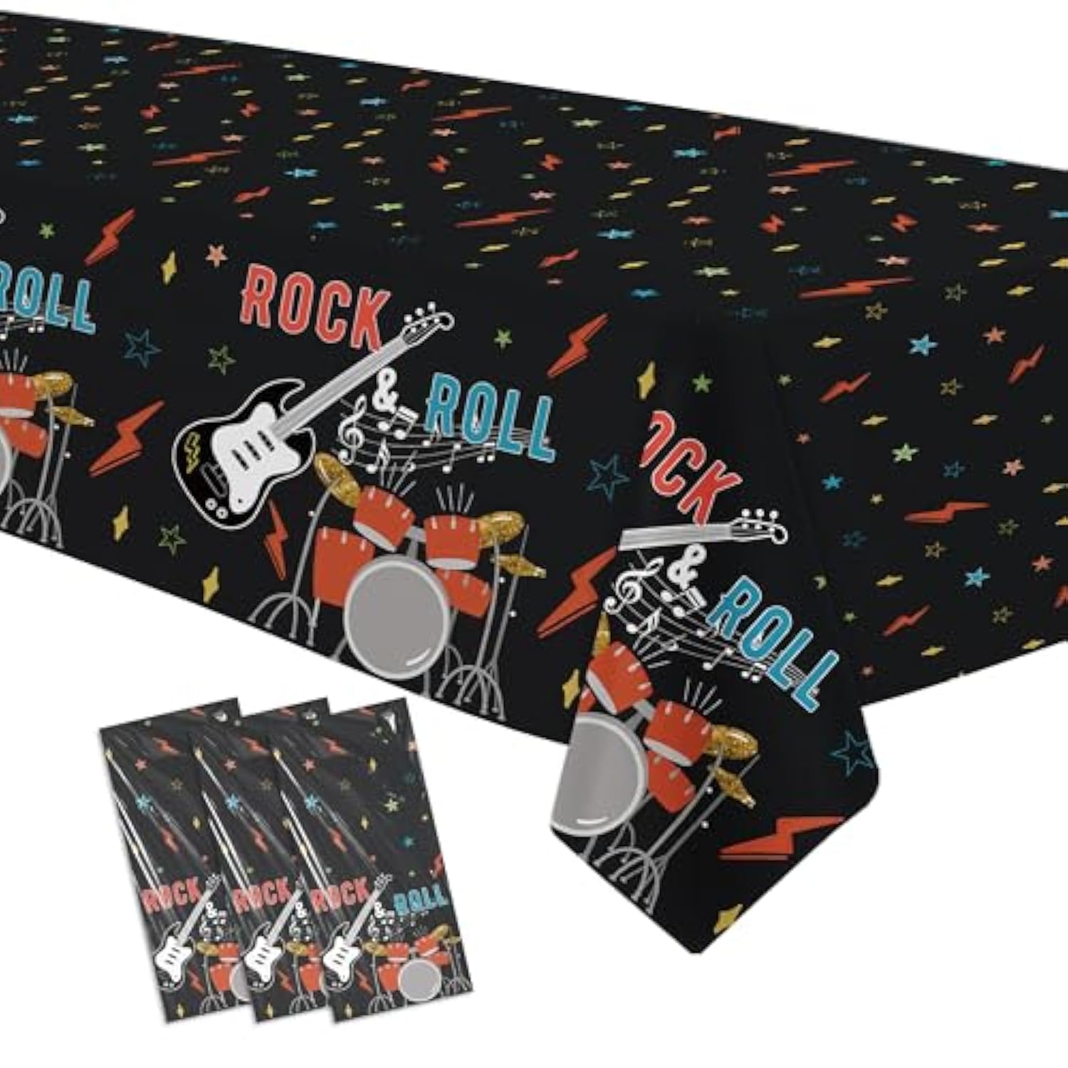Rock And Roll Party Decorations Tablecloth, 3Pcs Disposable Rockstar Music Guitar Theme Rock N Roll Party Supplies Tablecover For Birthday Baby Shower, 86In X 55In