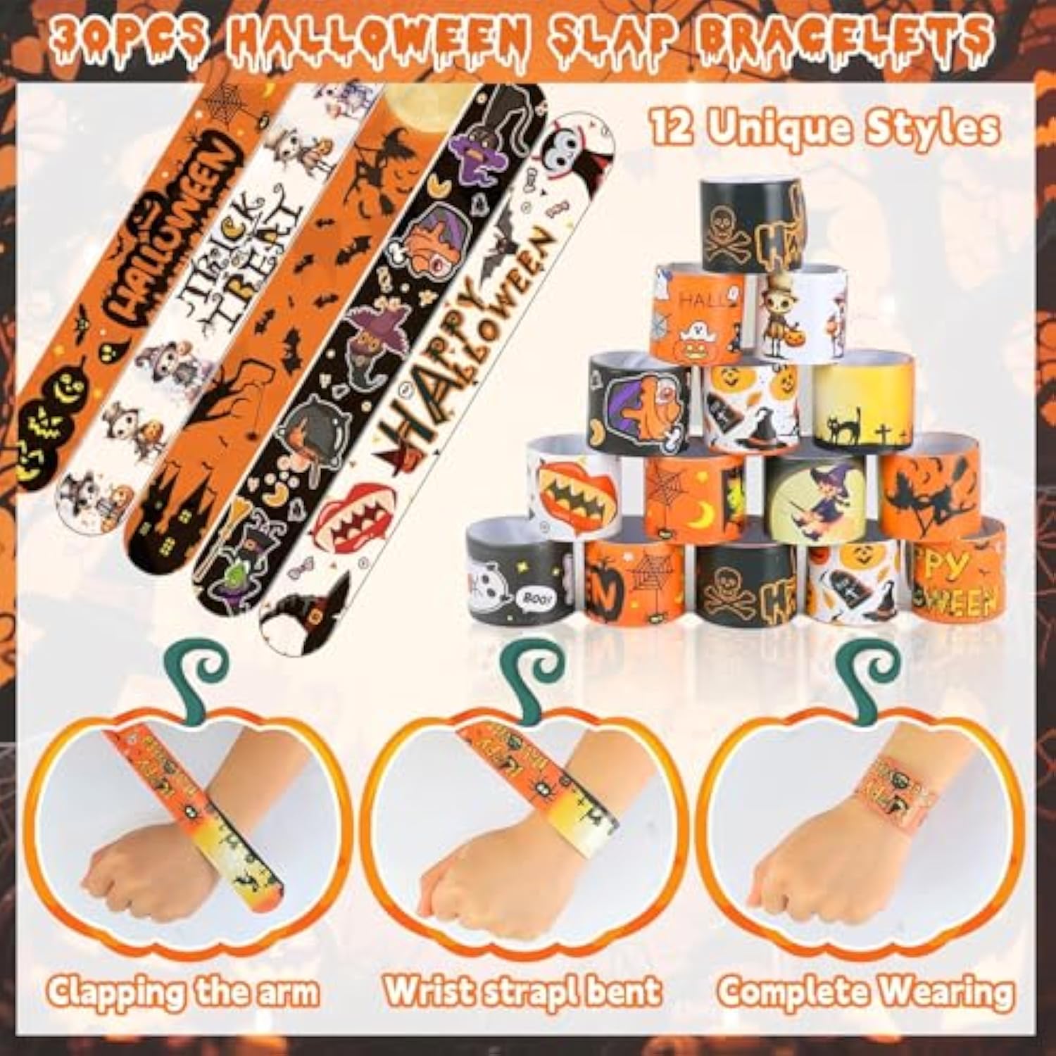 Halloween Party Favors For Kids, 72Pcs Rubber Wristbands Slap Bracelets Tattoo Stickers Goodie Bag Stuffers Trick Or Treat Toys For Halloween Decorations Supplies