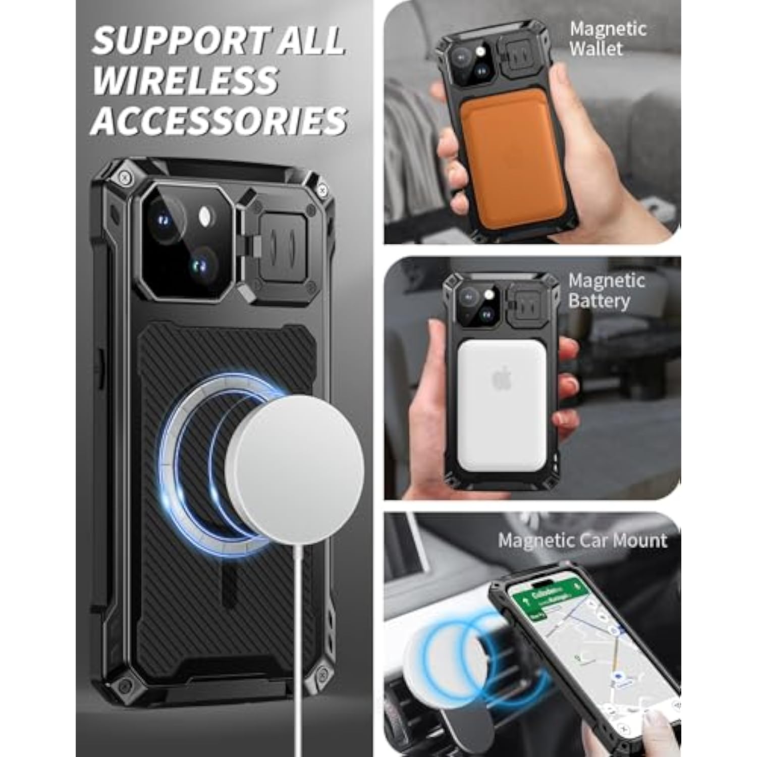 For Iphone 15 Metal Case, [Built-In Camera Kickstand & Glass Screen Protector] Heavy Duty Protective Rugged Full Body Military Grade Aluminum Magnetic Cover For Iphone 15 6.1" (Black)