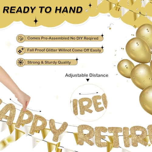 Pre Strung Happy Retirement Banner Glitter Sign, Champagne Gold