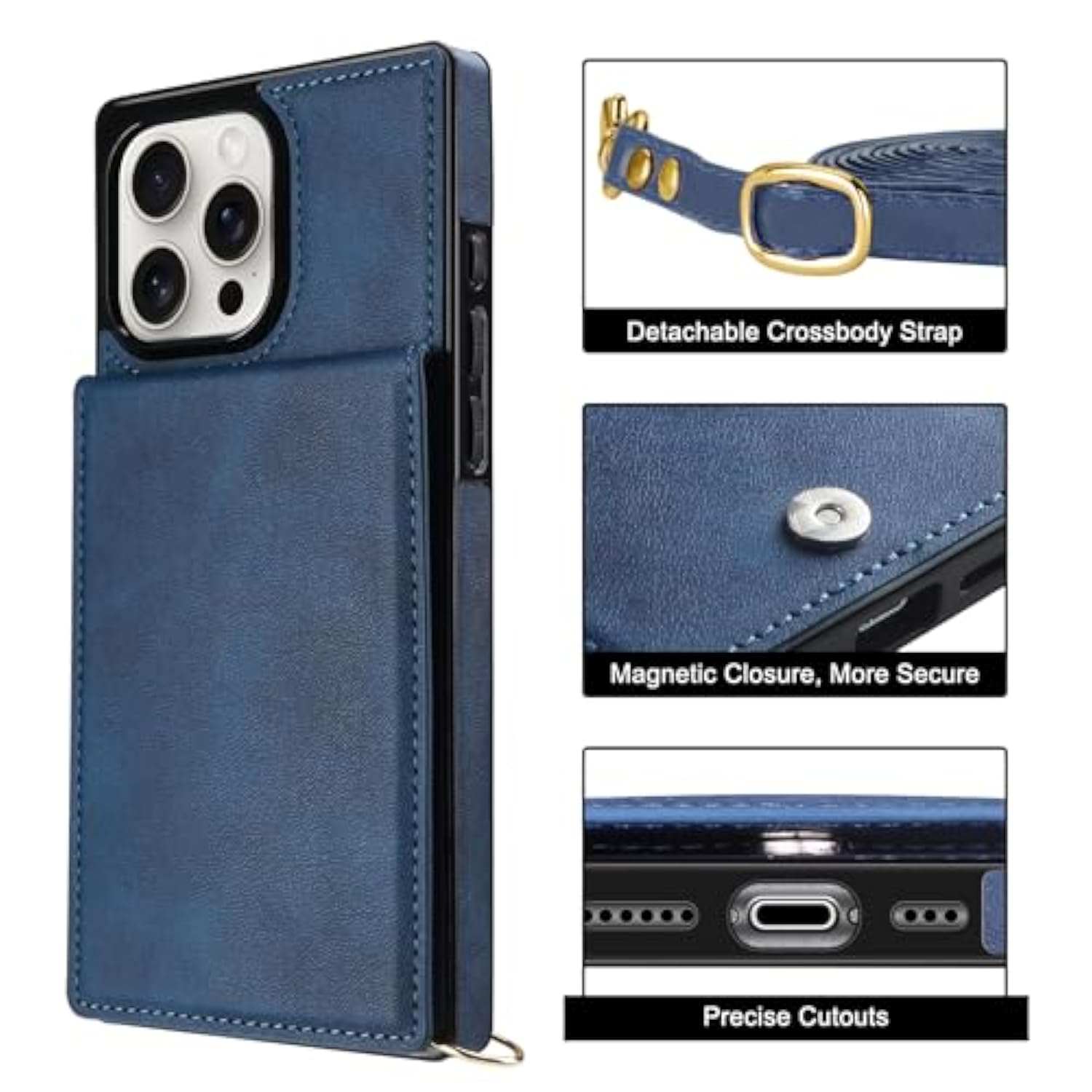 For Iphone 16 Pro Max Case With Card Holder Crossbody Lanyard Strap Leather Wallet Case With Magnetic Clasp Kickstand Heavy Duty Protective Flip Cover For Iphone 16 Pro Max For Women, Navy