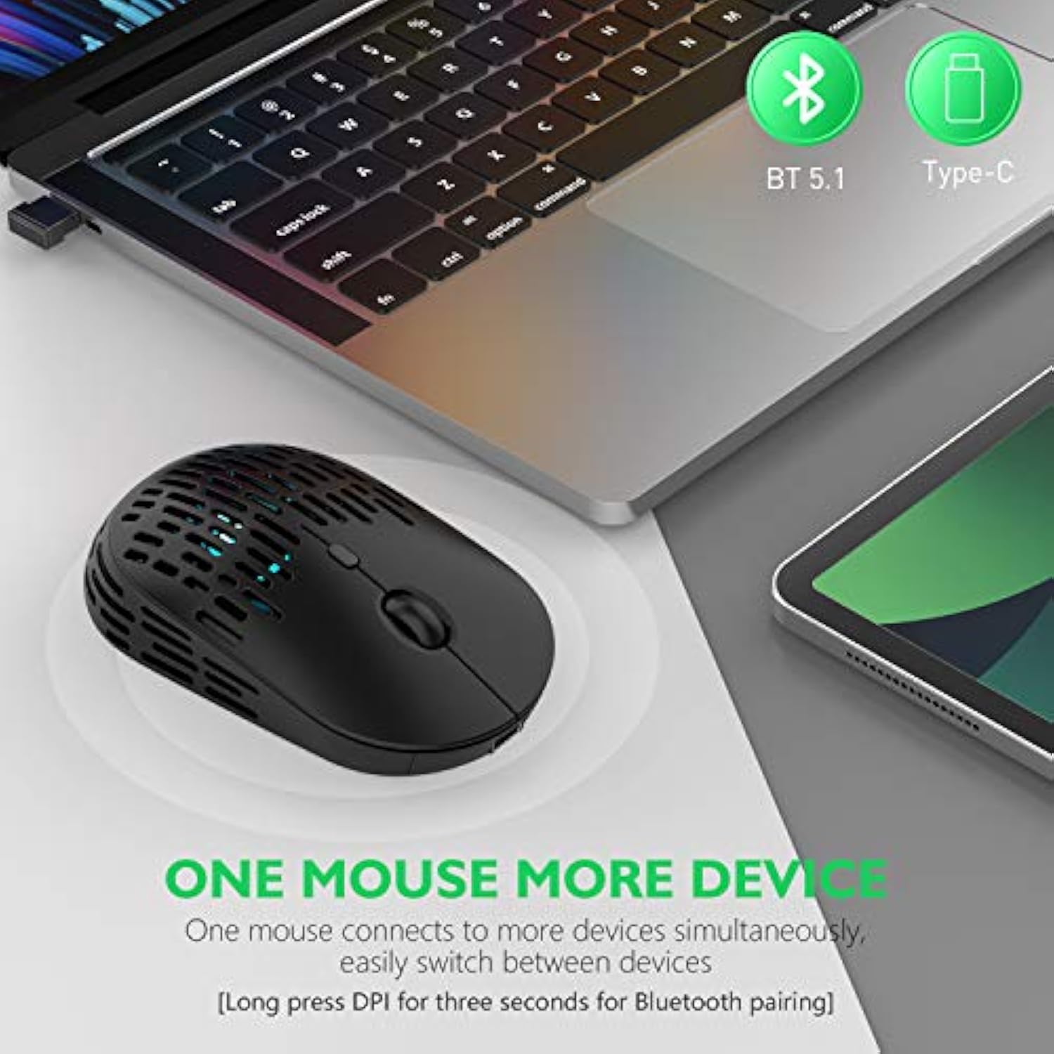 Bluetooth Wireless Mouse - (Bt+Usb-C Receiver) Dual Mode, Rechargeable, Lightweight, Silent Computer Mice With Type C Receiver, Usb C Mouse For Macbook, Laptop, Tablet, Chromebook (Black)
