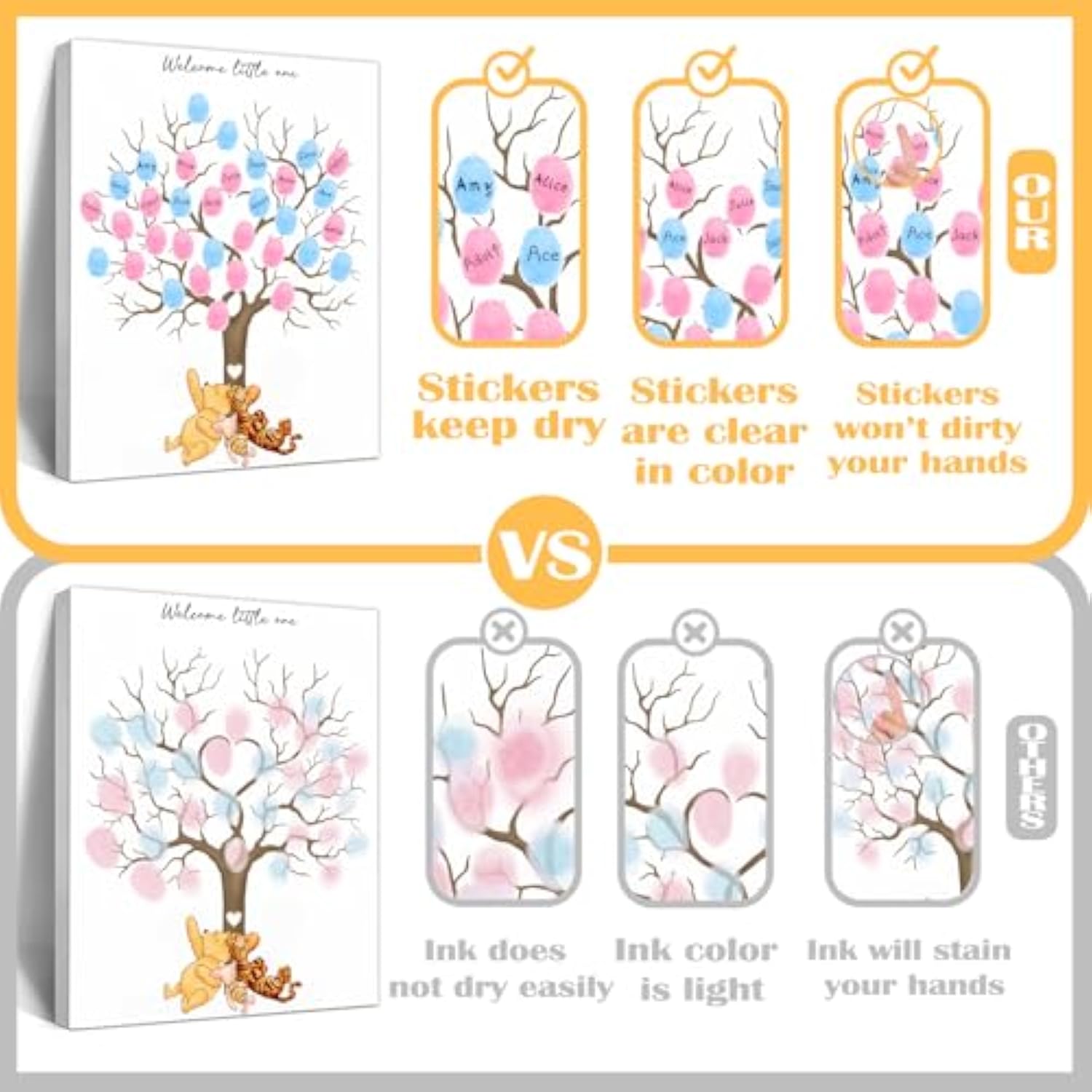 Winnie Gender Reveal Fingerprint Tree, Winnie Gender Reveal Decor Guestbook, Baby Shower Decoration For Expectant Mothers, Baby Shower Guest Book With Stickers