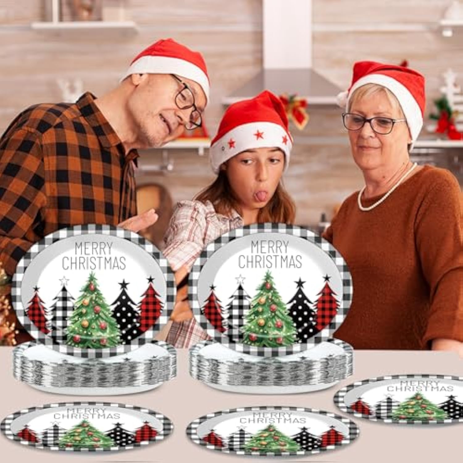 50Pcs Christmas Buffalo Plaid Tree Oval Paper Plates 11 Inch Black White Gingham Party Supplies Merry Christmas Disposable Dinnerware Plates Xmas Serving Tray For Holiday Party Supplies Decorations