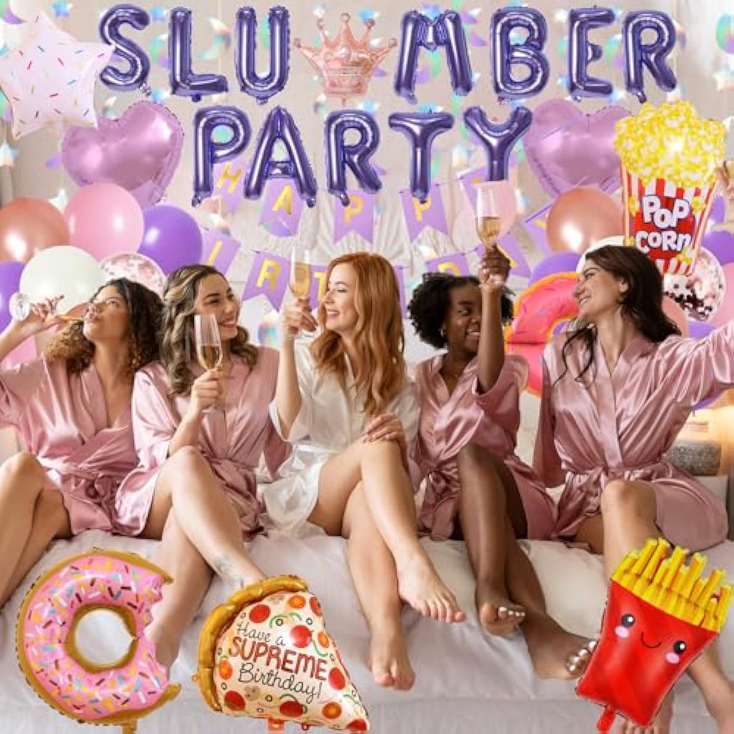 Slumber Birthday Party Supplies Girls - Purple Slumber Party Balloon Banner Large Popcorn Donut Pizza Crown Foil Balloons Set Girls Night Sleepover Pajama Theme Party Decorations