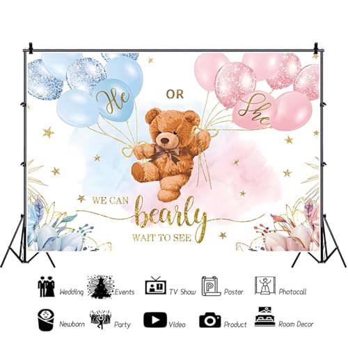 7x5ft Gender Reveal Backdrop Baby Bear Boy or Girl Photography Background Baby Shower Party Blue and Pink Banner Decorations Supplies Photo Booth Props