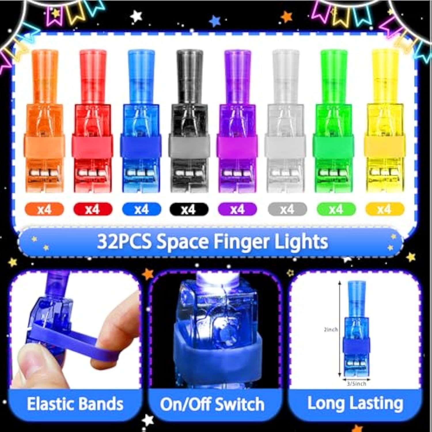 32 Pcs Finger Lights Space Theme Party Favors For Kids, Glow In The Dark Light Up Party Supplies Astronaut Toys Gifts Bulk For Boy Girl Birthday Goodie Bags Stuffers Back To School Classroom Prizes