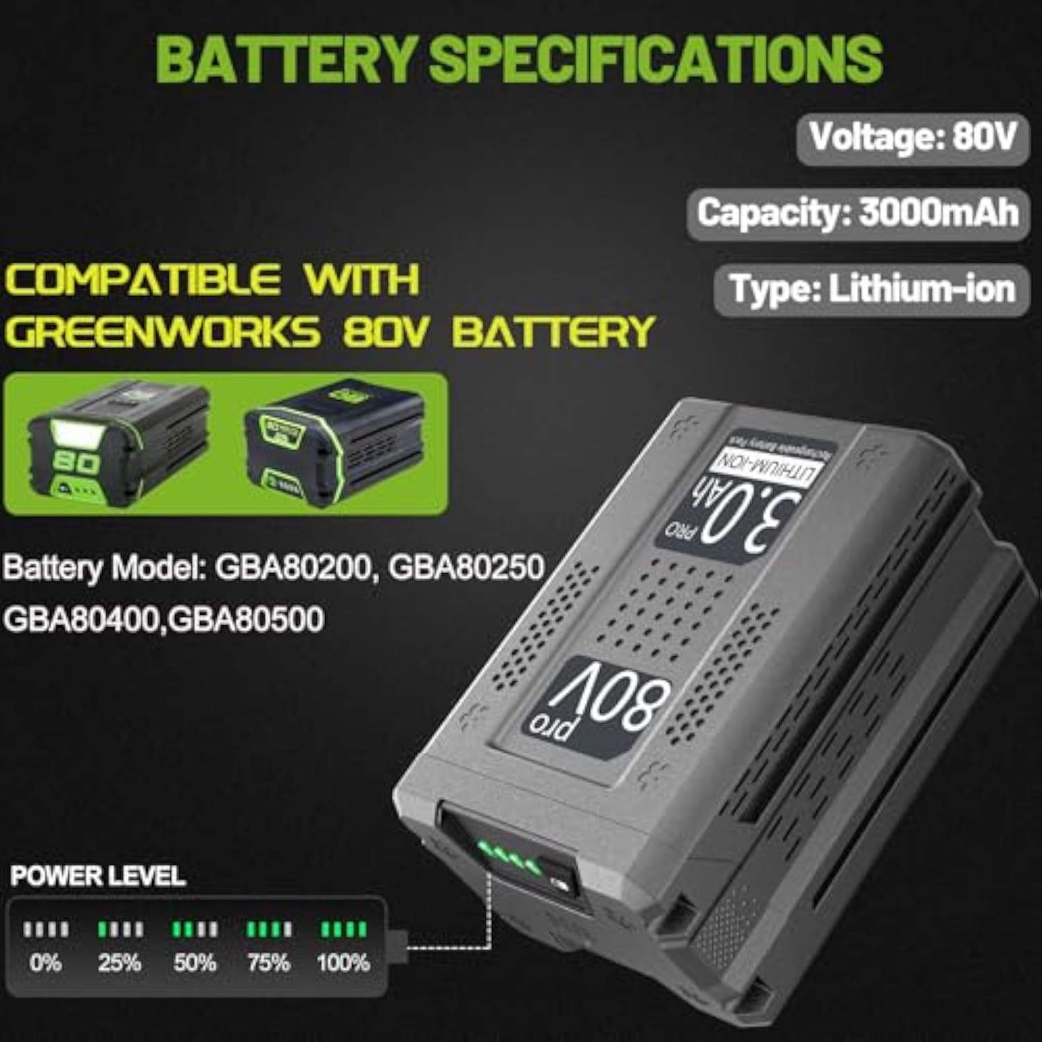 3.0Ah Battery Replacement For Greenworks 80V Pro Battery Gba80200 Gba80250 Gba80400 Gba80500 Lithium Batteries (Not Produced By Greenworks)