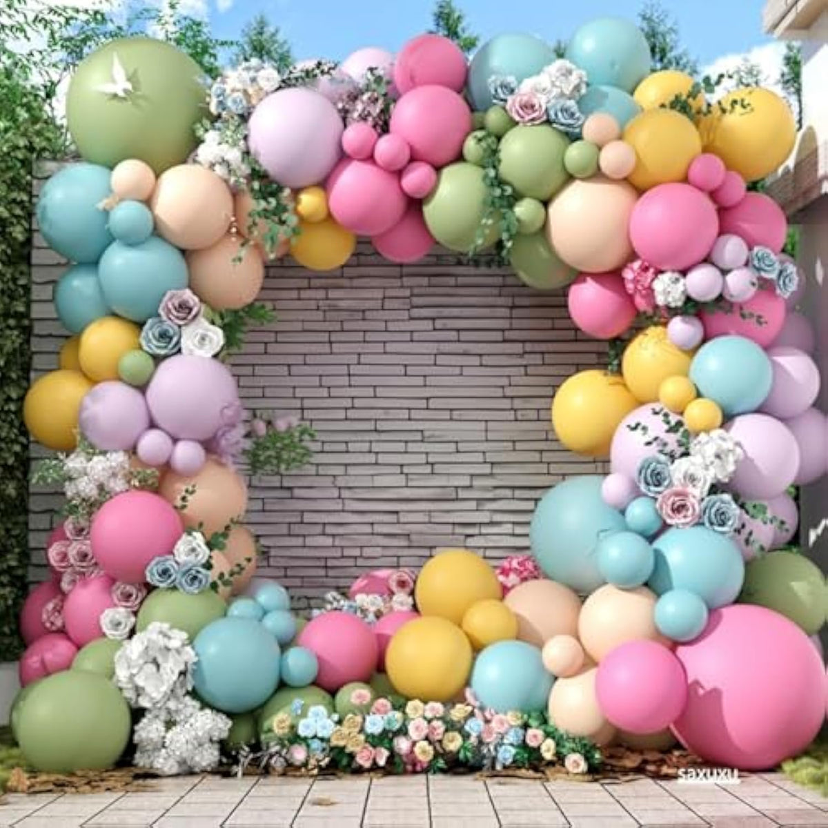 Flower Balloon Arch Kit, 122Pcs Hot Pink Pastel Blue Dusty Green Macaron Orange Lavender Purple Yellow Matte Balloons For Girls Floral-Themed Party Boho Baby Shower Wedding Birthday Decorations