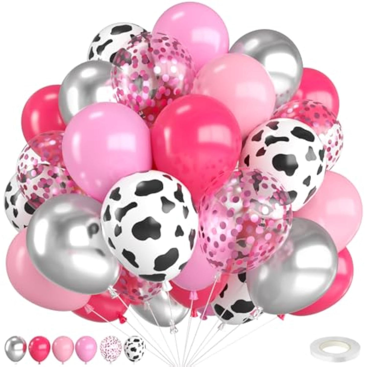 Cowgirl Balloons,12 Inch Cow Print Hot Pink Light Pink And Silver Balloons With Confetti Balloon For Farm Cowgirl Bridal Shower Bachelorette Birthday Party Decorations