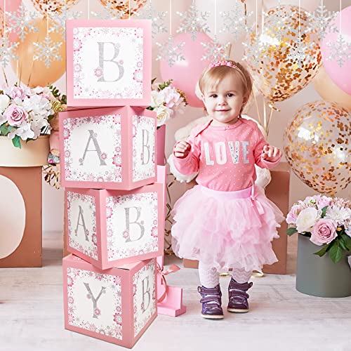 4 Pcs Baby Boxes with Letters for Baby Shower, Winter Wonderland Blocks Decorations Snowflake Decorations for Girl Boy Party Supplies(Pink)