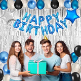 49pc Blue & Black Birthday Decor Kit – Banner, Foil Balloons and Curtains for All Ages