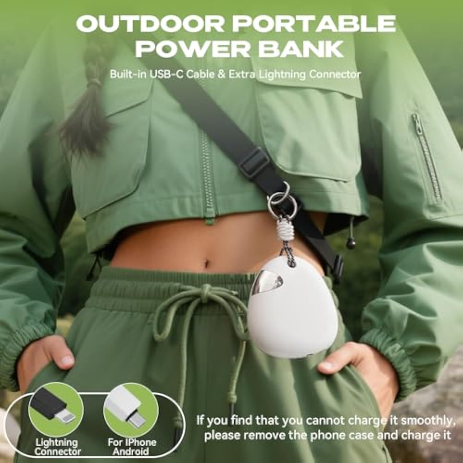 Portable Charger Power Bank 10000 Mah 65Cm Fast-Charging Retractable Cable Outdoor Wearable Battery Pack Usb-C Lightning For Iphone Smart Led Display For Hiking Camping Backpacking