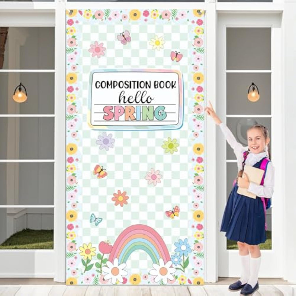 Spring Composition Notebook Classroom Door Cover Green Floral Butterfly Rainbow Hanging Banner Back To School First Day Of School Welcome Backdrop Wall Door Decor For Kindergarten Preschool Elementary