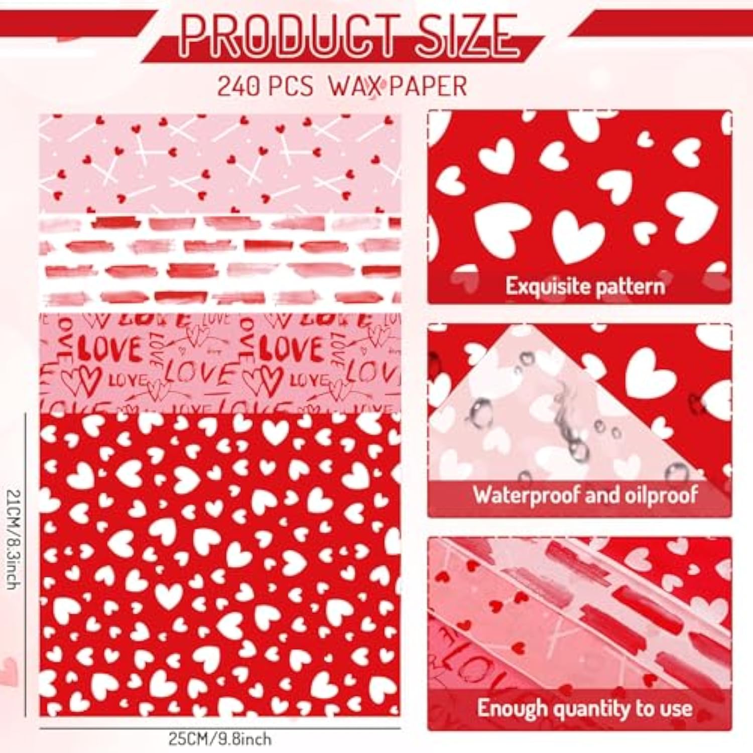 240 Sheet Valentine'S Day Wax Paper 4 Styles Red Pink Love Heart Food Wrapping Tissue Paper Deli Paper Basket Liners For Home Kitchen Restaurant Baking