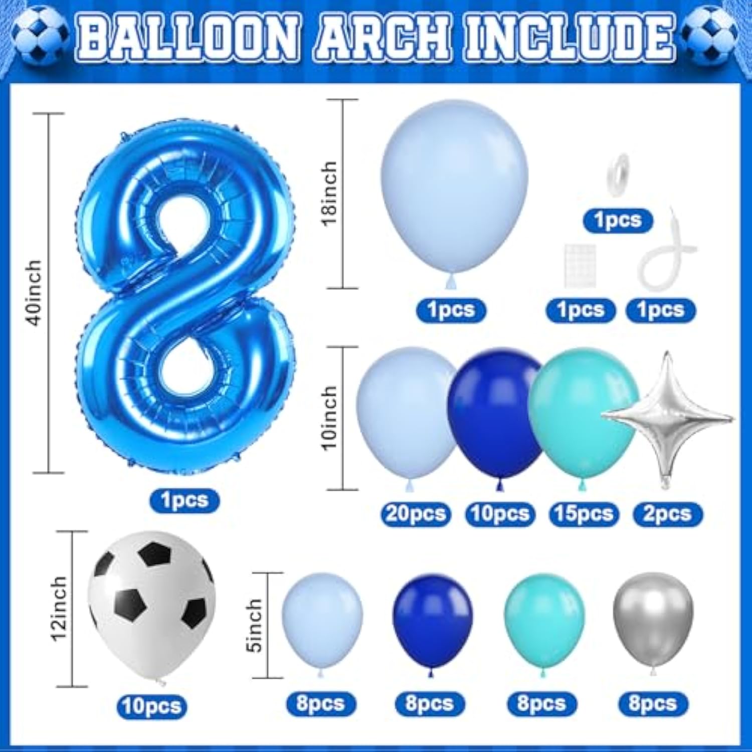 94Pcs Soccer 8th Birthday Balloon Kit Blue Teal Decor for Boys Party