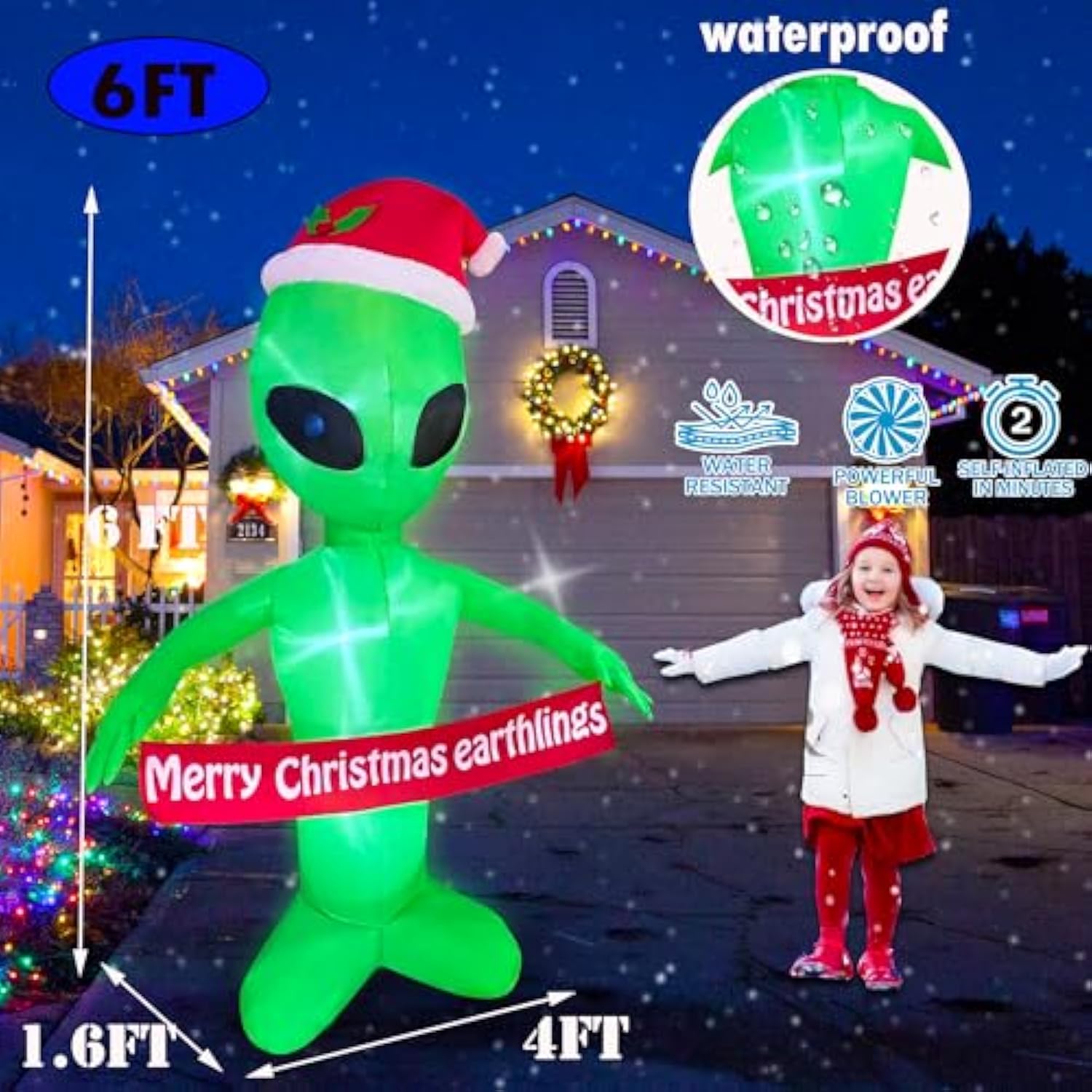 6 Ft Christmas Inflatables Alien With Merry Christmas Earthlings Banner Decorations Led Lighted Xmas Christmas Blow Up Y