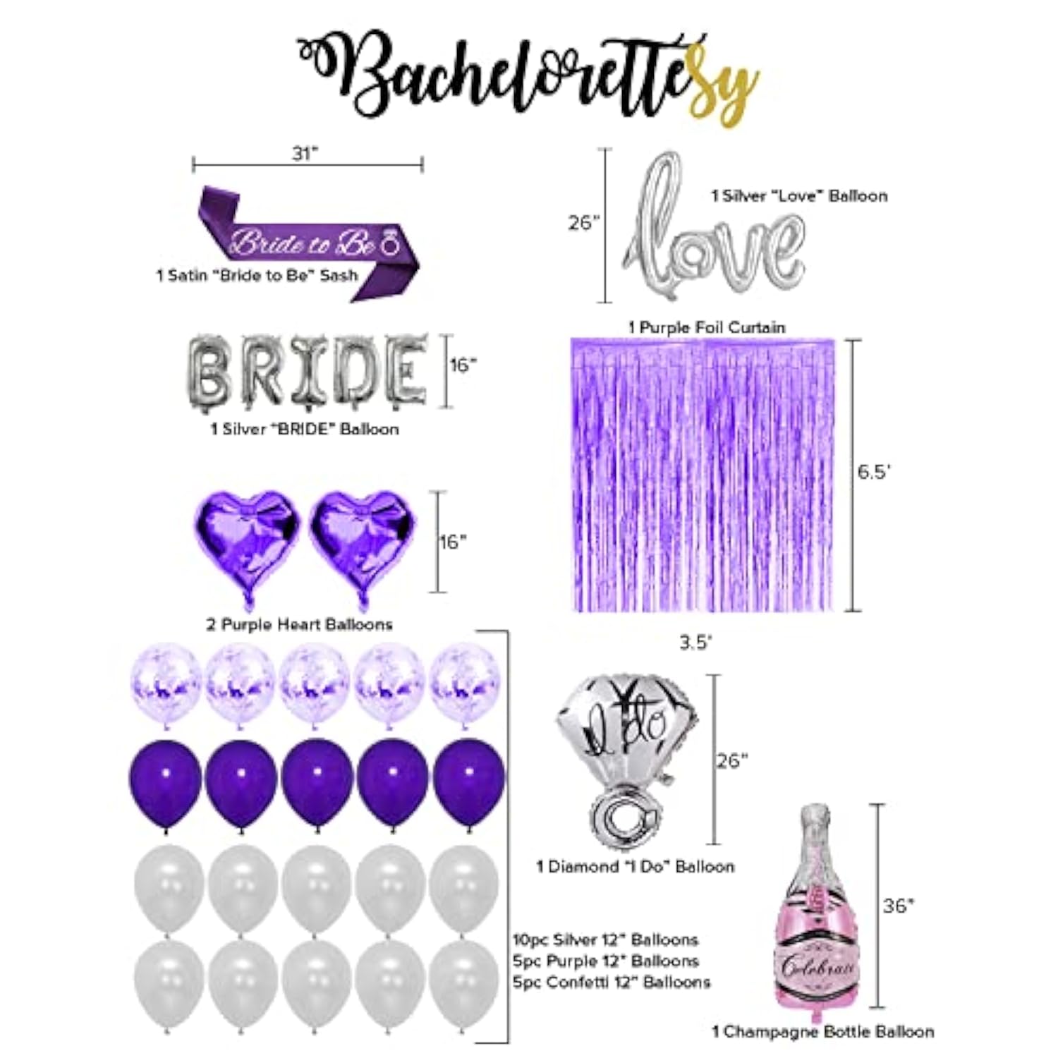 28Pc Bachelorette Party Decorations Kit For Bride To Be, Bridal Shower Decorations, Engagement Party – Balloons, Sash, Foil Backdrop Curtain (Purple)