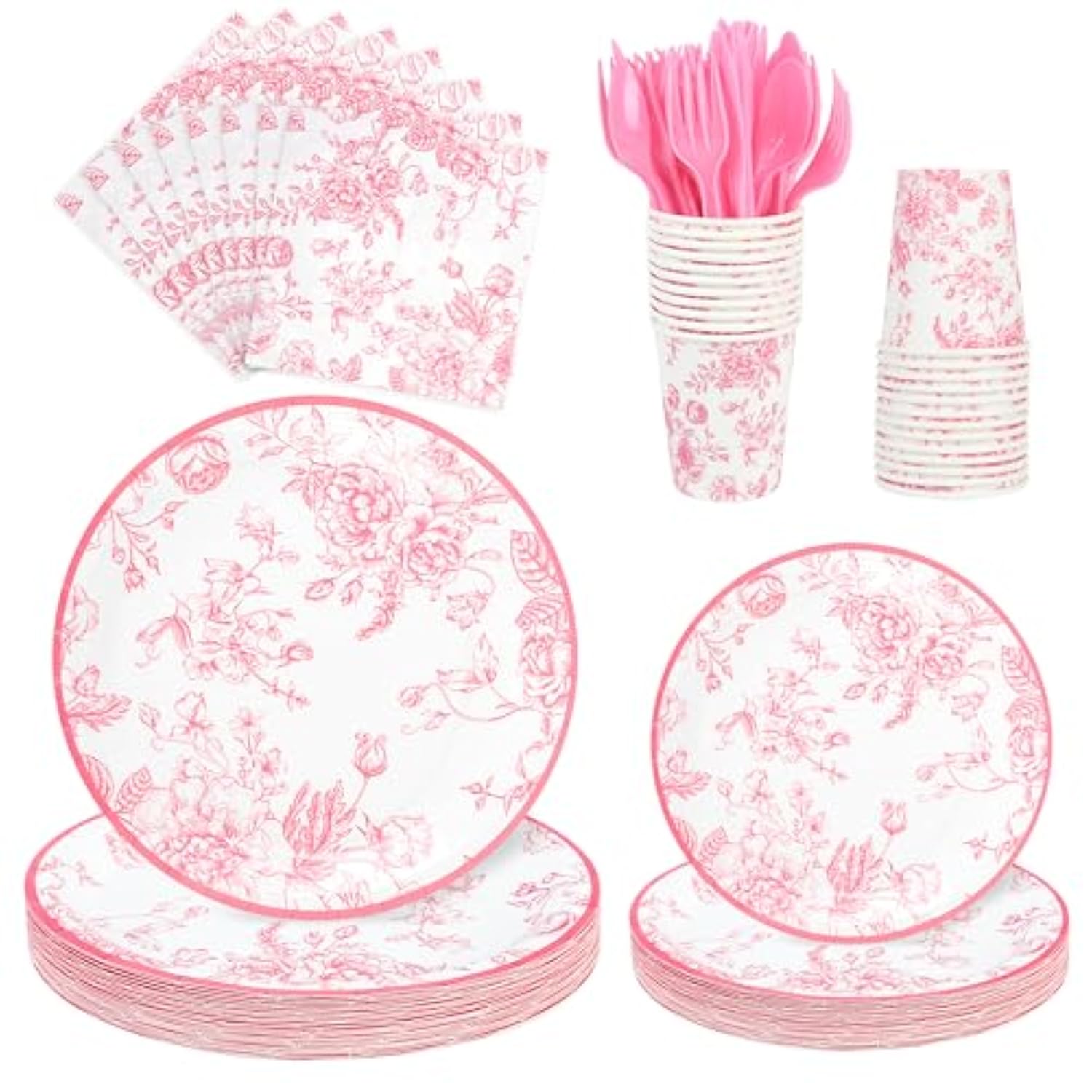 175Pcs Pink Floral Paper Plates And Napkins 25 Guests Pink White Toile Chinoiserie Party Supplies Set Include Plates Napkins Cups Spoons Forks Knives For Christmas Birthday Wedding Mother'S Day