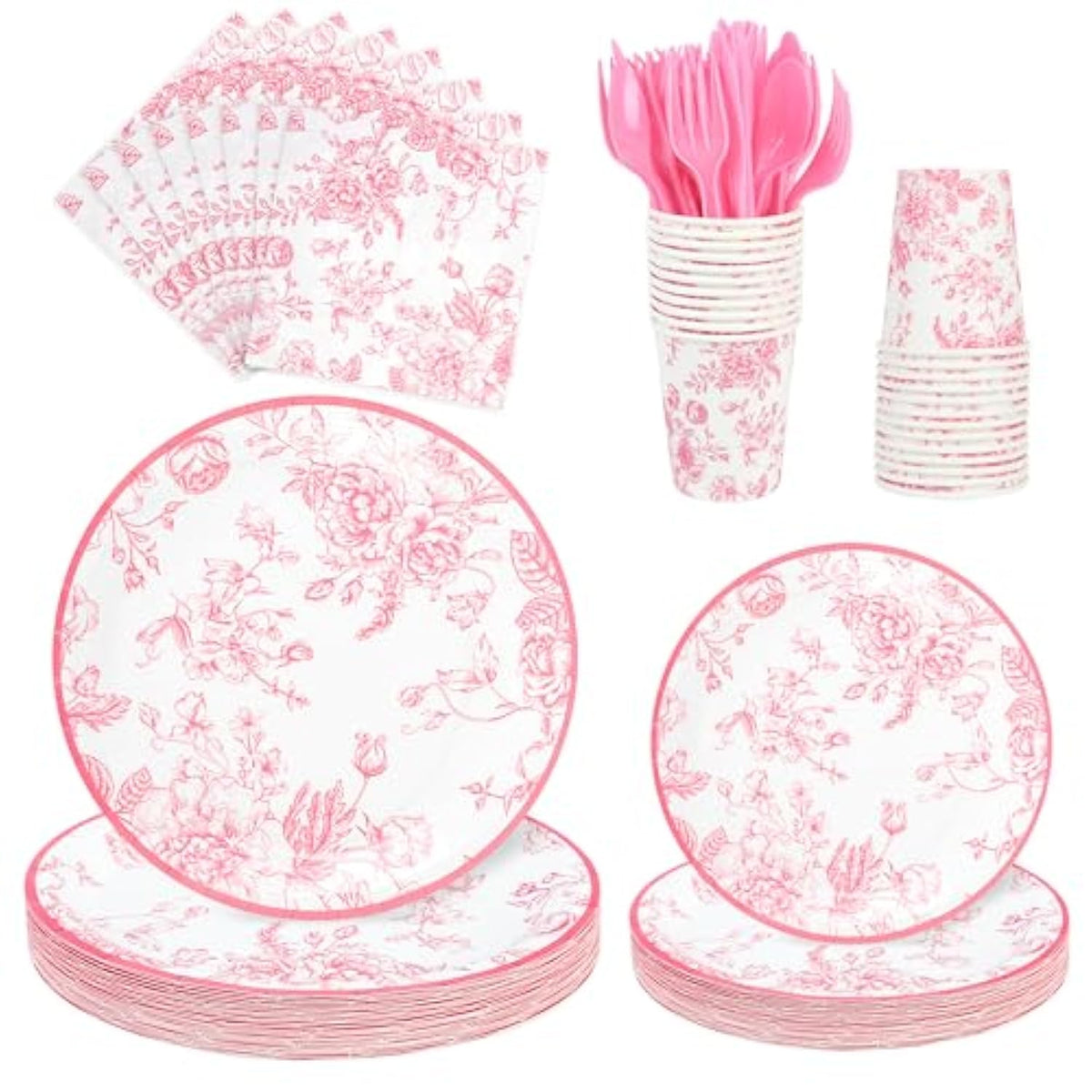 175Pcs Pink Floral Paper Plates And Napkins 25 Guests Pink White Toile Chinoiserie Party Supplies Set Include Plates Napkins Cups Spoons Forks Knives For Christmas Birthday Wedding Mother'S Day