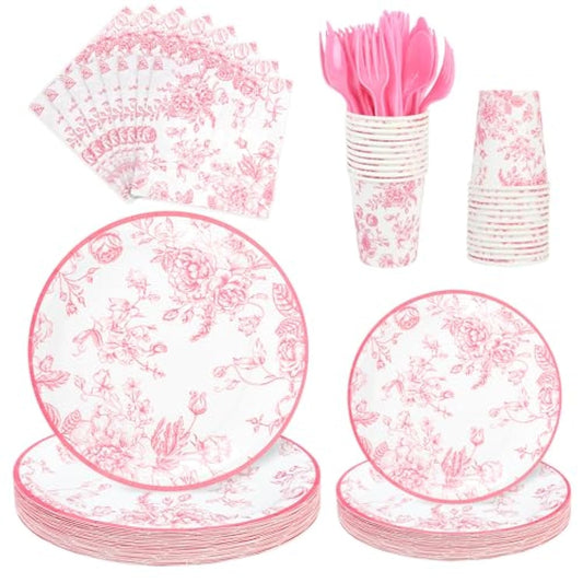 175Pcs Pink Floral Paper Plates And Napkins 25 Guests Pink White Toile Chinoiserie Party Supplies Set Include Plates Napkins Cups Spoons Forks Knives For Christmas Birthday Wedding Mother'S Day