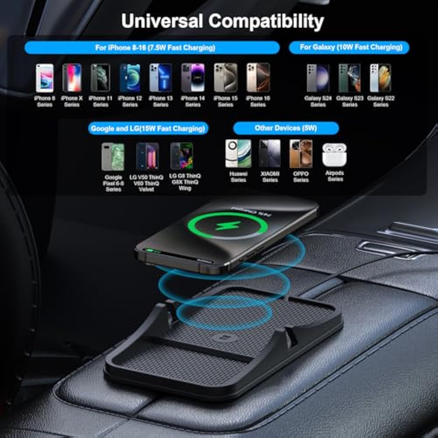 Wireless Car Charger Pad, Large Wireless Charging Pad For Car Non Slip Car Phone Holder Wireless Charger Compatible With Iphone 16 Pro Max 15 14 13 12, Samsung, Google (1 Meter Cable)