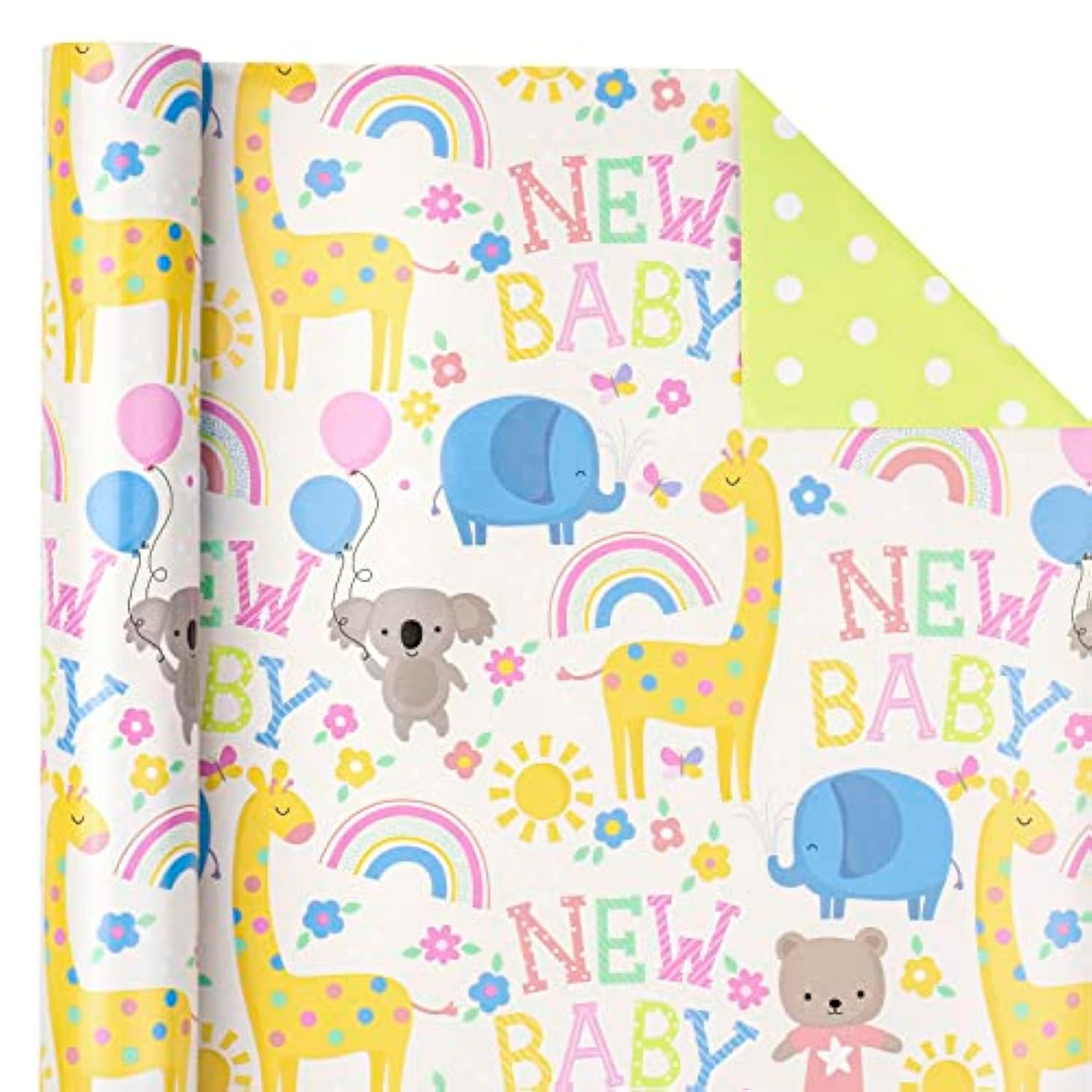 Reversible Baby Shower Wrapping Paper - Mini Roll - 17 Inch X 33 Feet - Animals & New Baby Design For Neutral Baby Shower, Boys Girls Kids Birthday