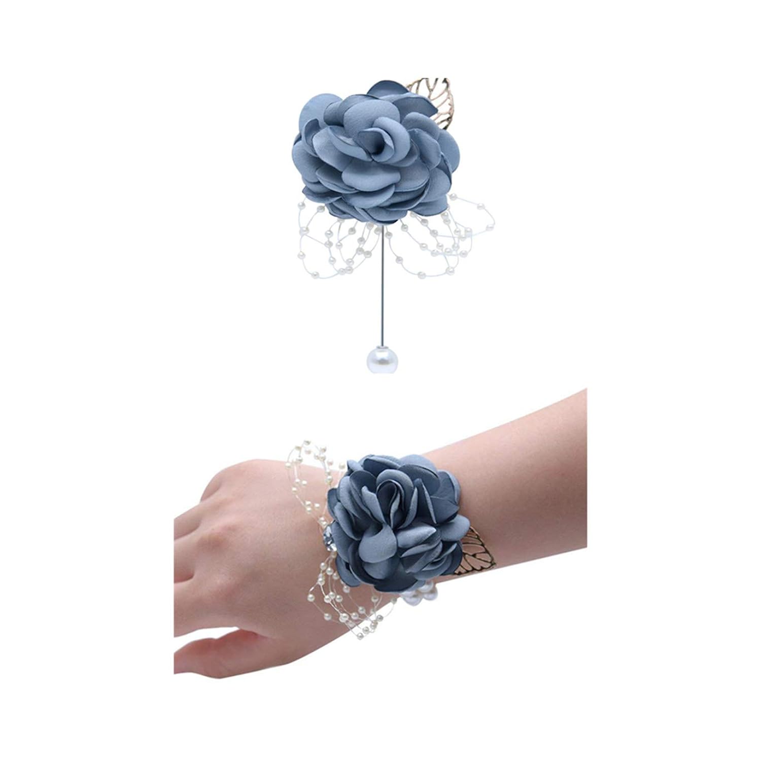 Rose Wedding Wrist Corsage And Boutonniere Set Party Prom Hand Ribbon Flower Suit Decor (Gray Blue)