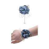 Rose Wedding Wrist Corsage And Boutonniere Set Party Prom Hand Ribbon Flower Suit Decor (Gray Blue)