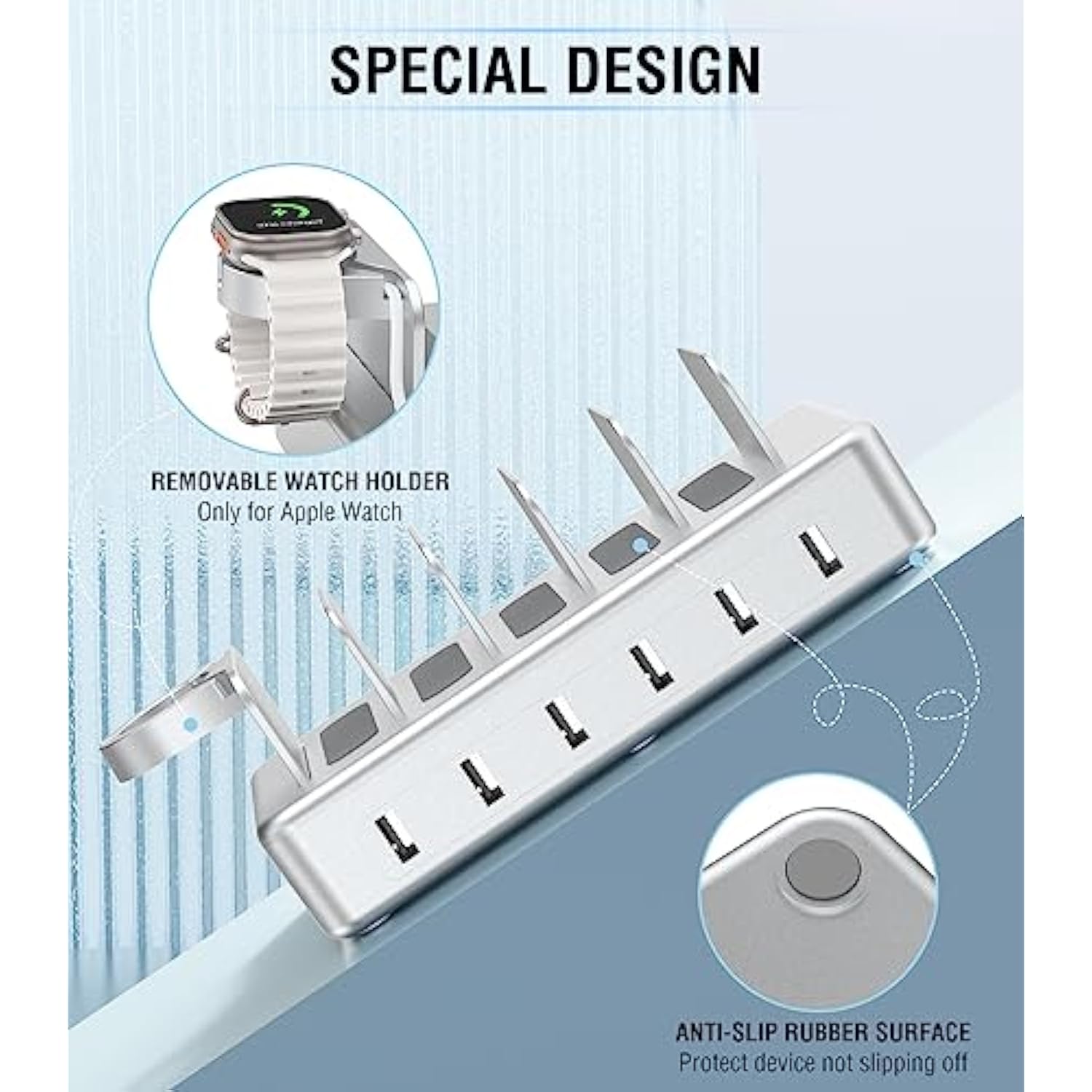 Charging Station For Multiple Devices Apple,50W 6 Port&6 Cables Charging Station For Apple Device With Apple Watch Holder,Charging Dock For Cellphone, Kindle, Tablet And Other Electronic (Sliver)