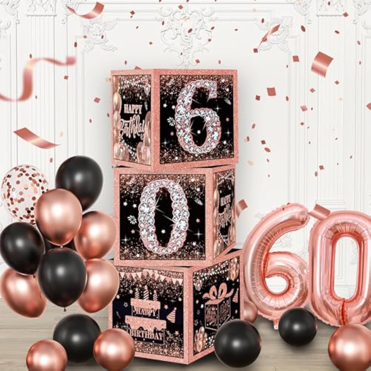 Rose Gold 60Th Birthday Decorations For Woman,Birthday Decorations For Women Girls Black And Pink Balloon Boxes Birthday Party Favors