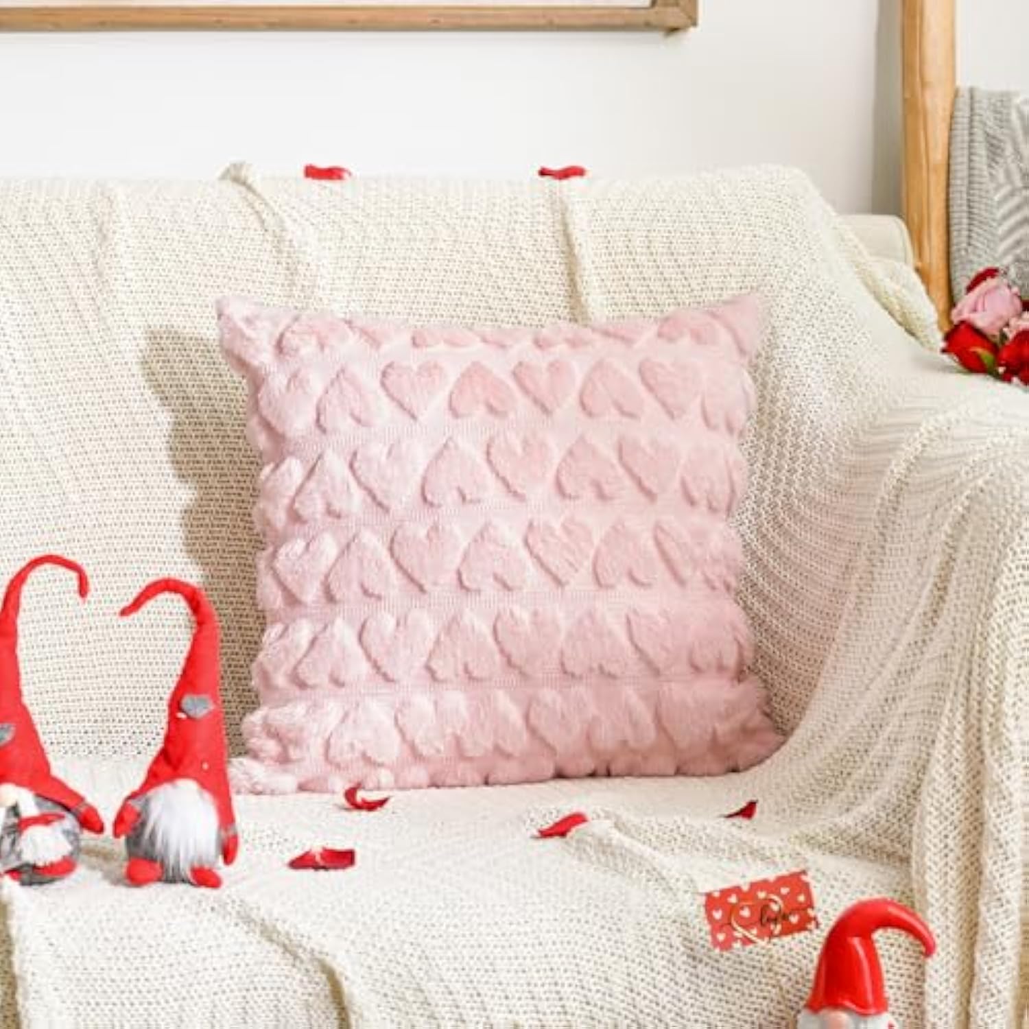 Valentine'S Day Love Heart Throw Pillow Cover Set Of 2, 18 X 18 Inch Pink Soft Plush Faux Fur Jacquard Anniversary Wedding Cushion Case Decoration For Sofa Couch